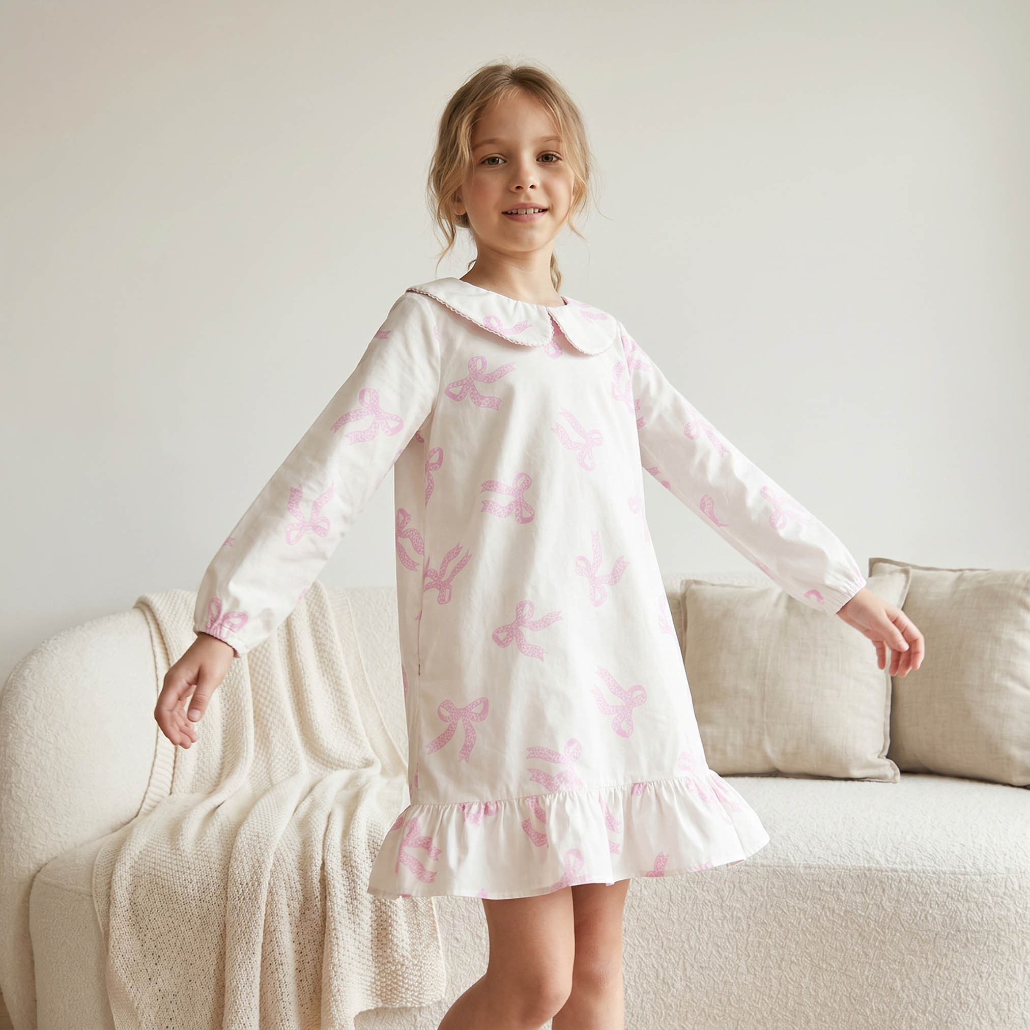 Juniors Cotton Peter Pan Long Sleeves Night Dress with Bow Print-girls-clothing-nightwear-image-5
