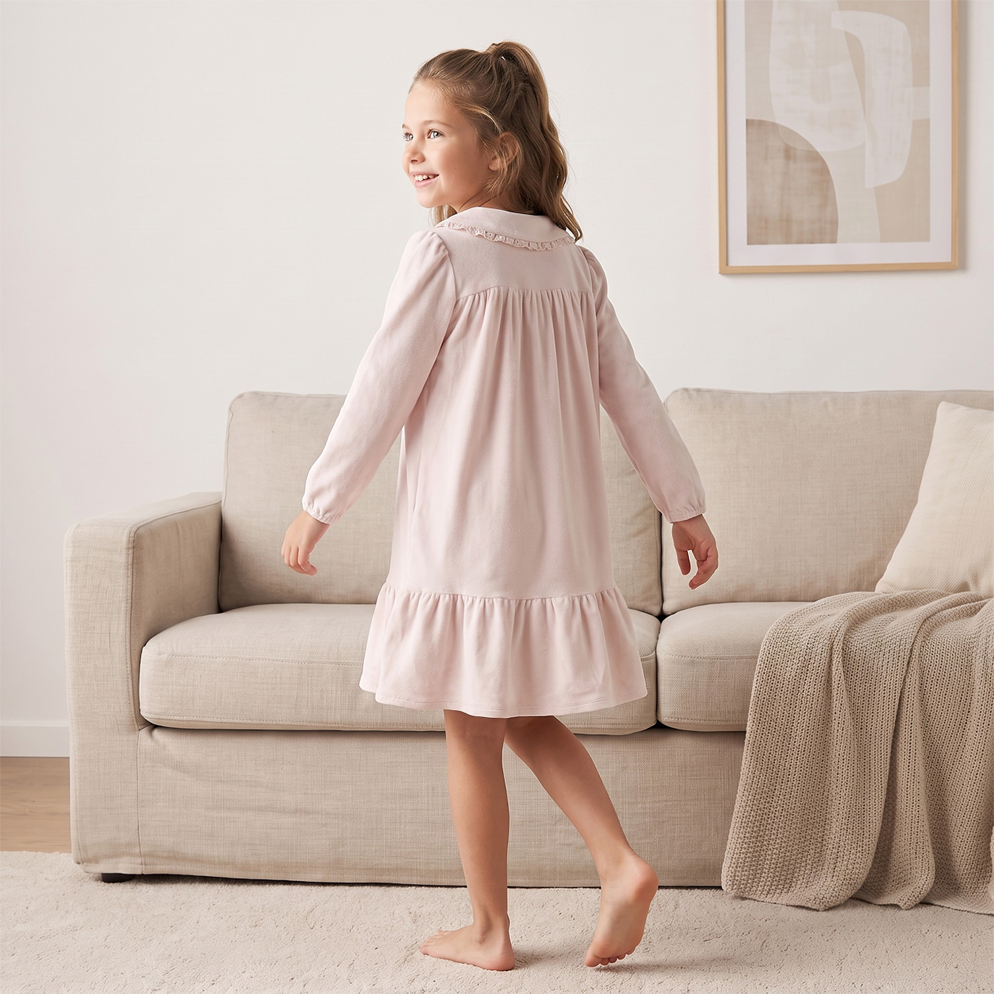 Juniors Cotton Peter Pan Collar Long Sleeves Night Dress with Floral Embroidery-girls-clothing-nightwear-image-2