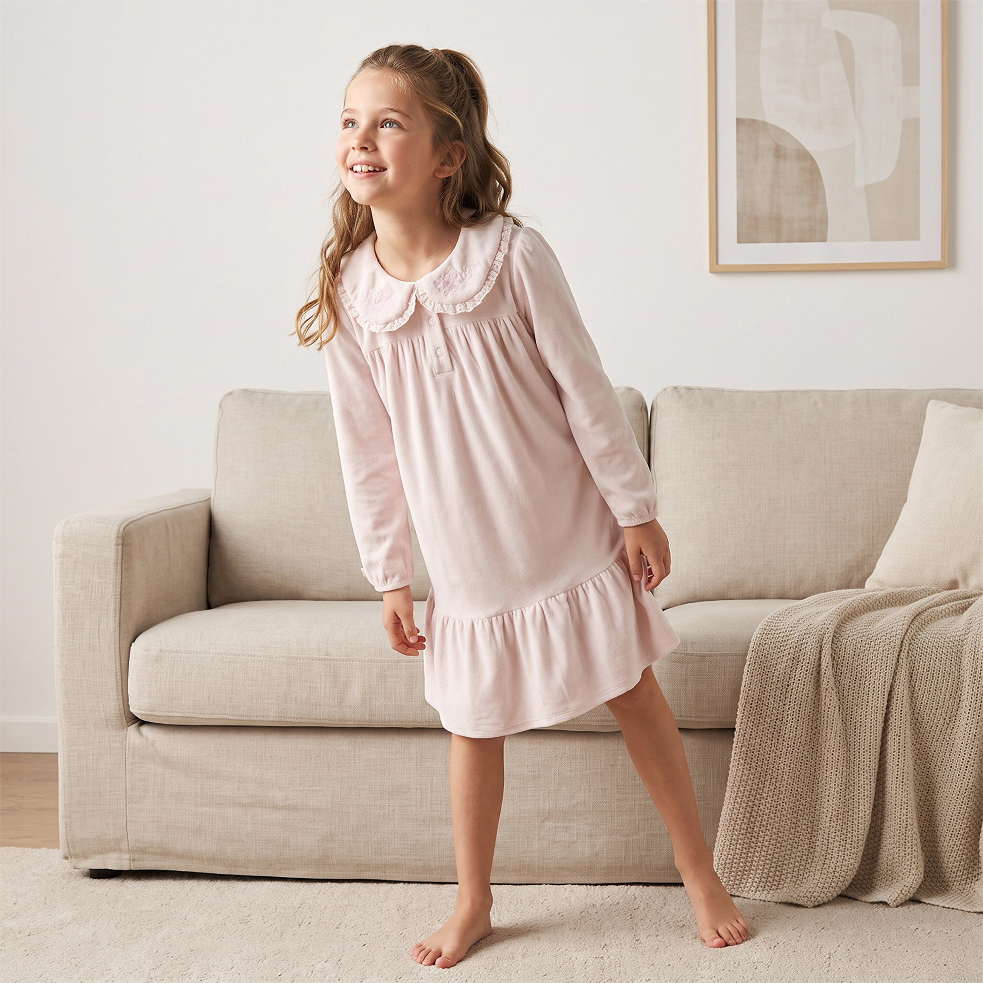 Juniors Cotton Peter Pan Collar Long Sleeves Night Dress with Floral Embroidery-girls-clothing-nightwear-image-4