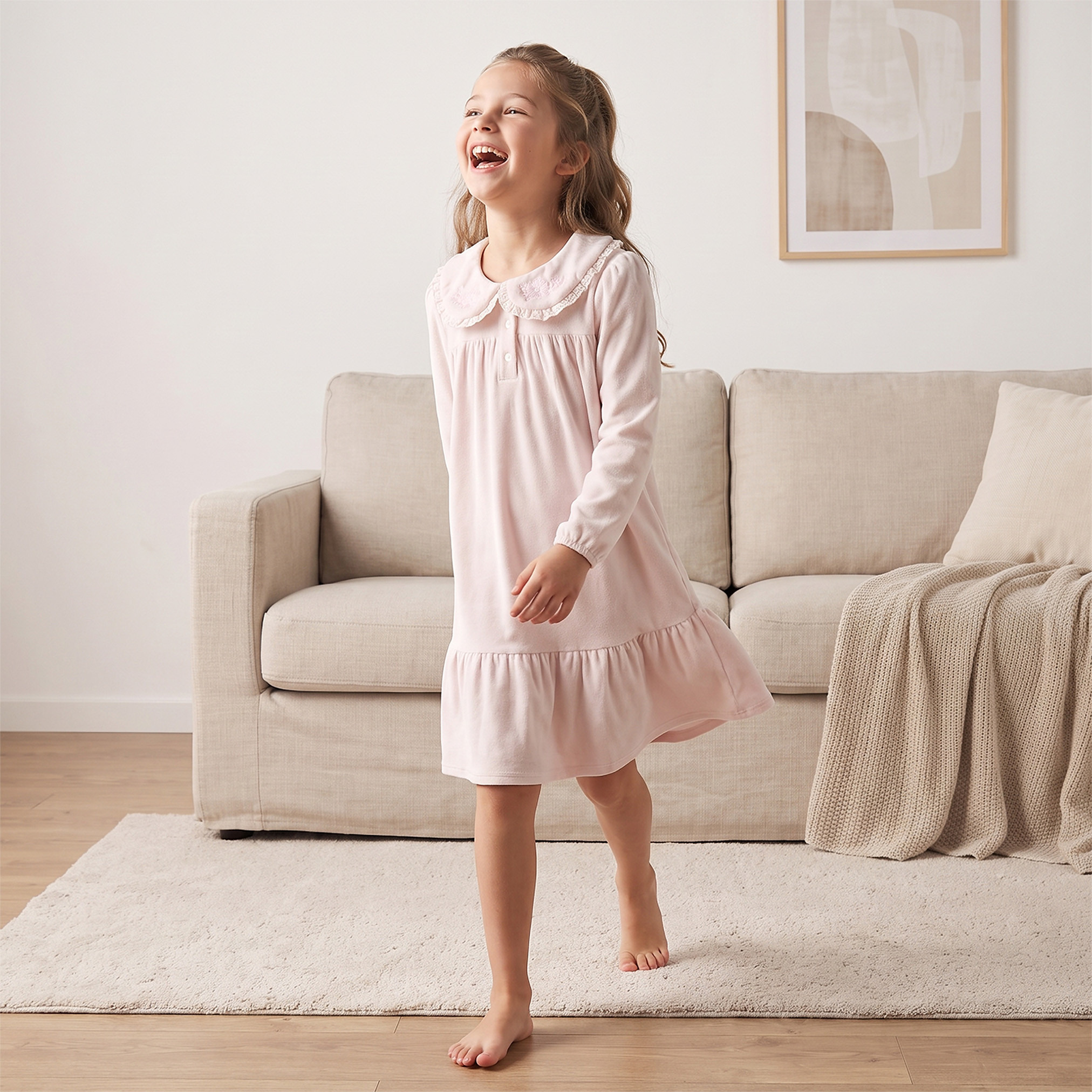 Juniors Cotton Peter Pan Collar Long Sleeves Night Dress with Floral Embroidery-girls-clothing-nightwear-image-5