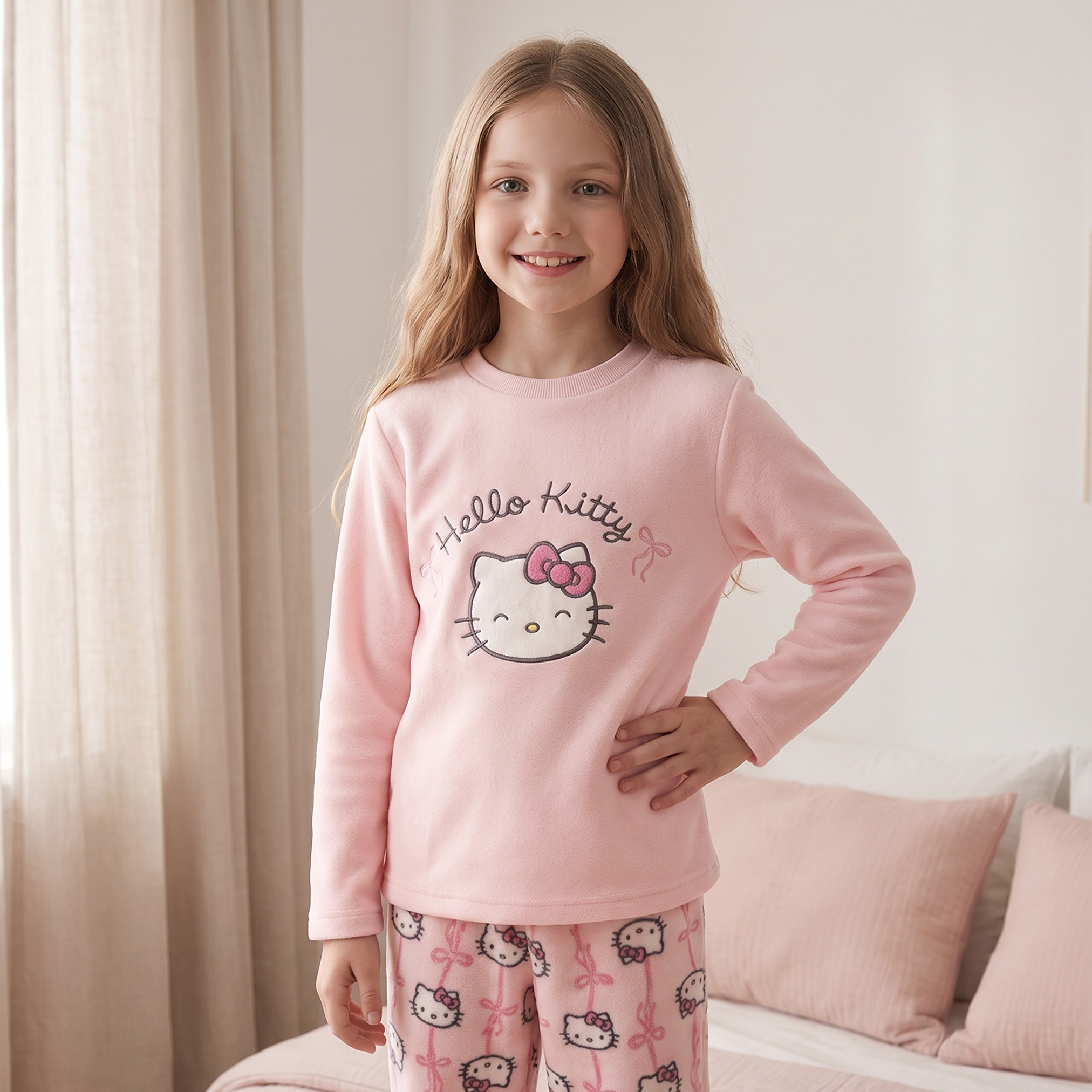 Sanrio Crew Neck Long Sleeves Pyjama Set with Hello Kitty Print-girls-clothing-nightwear-image-2