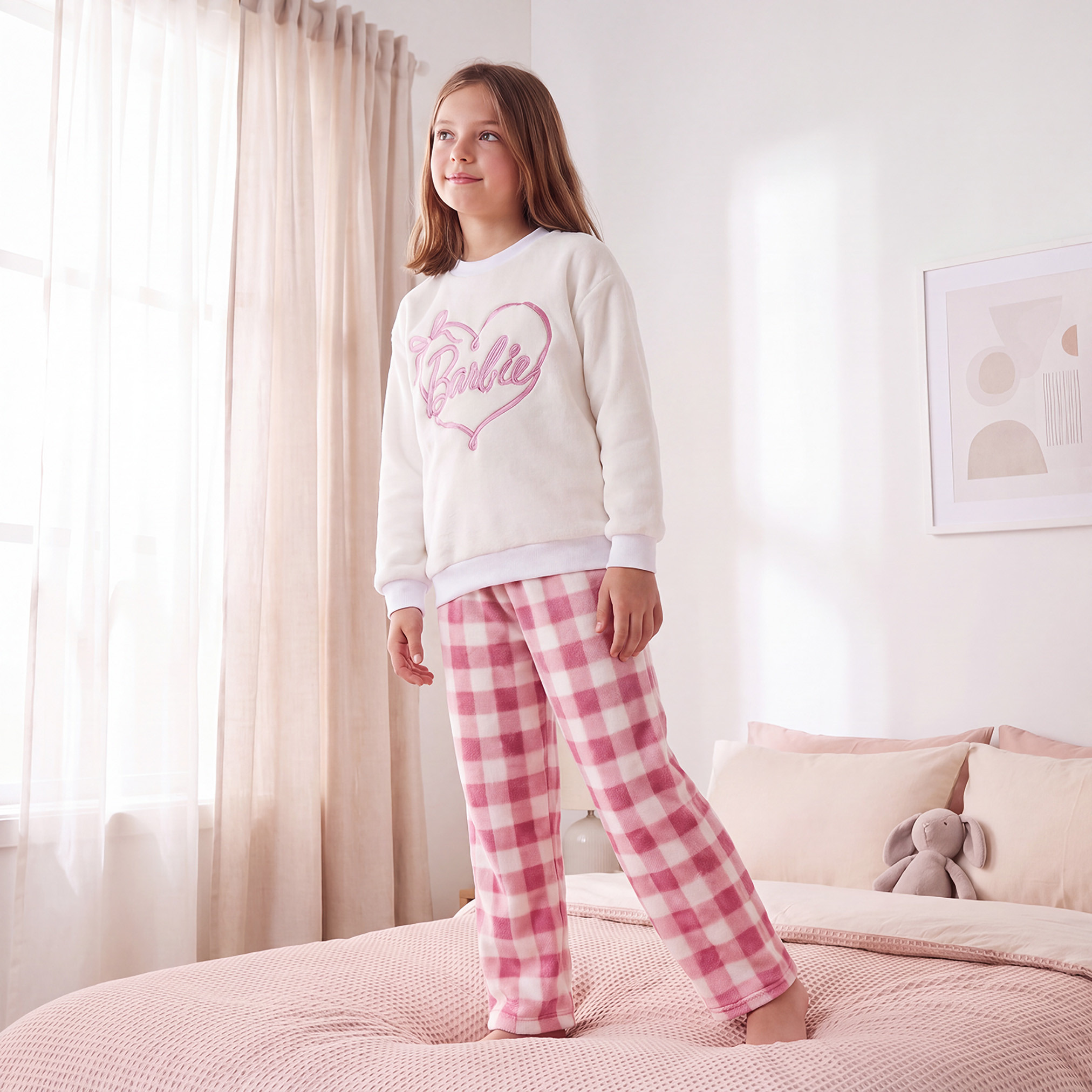Crew Neck Long Sleeves Pyjama Set with Barbie Logo Embroidery-girls-clothing-nightwear-image-1