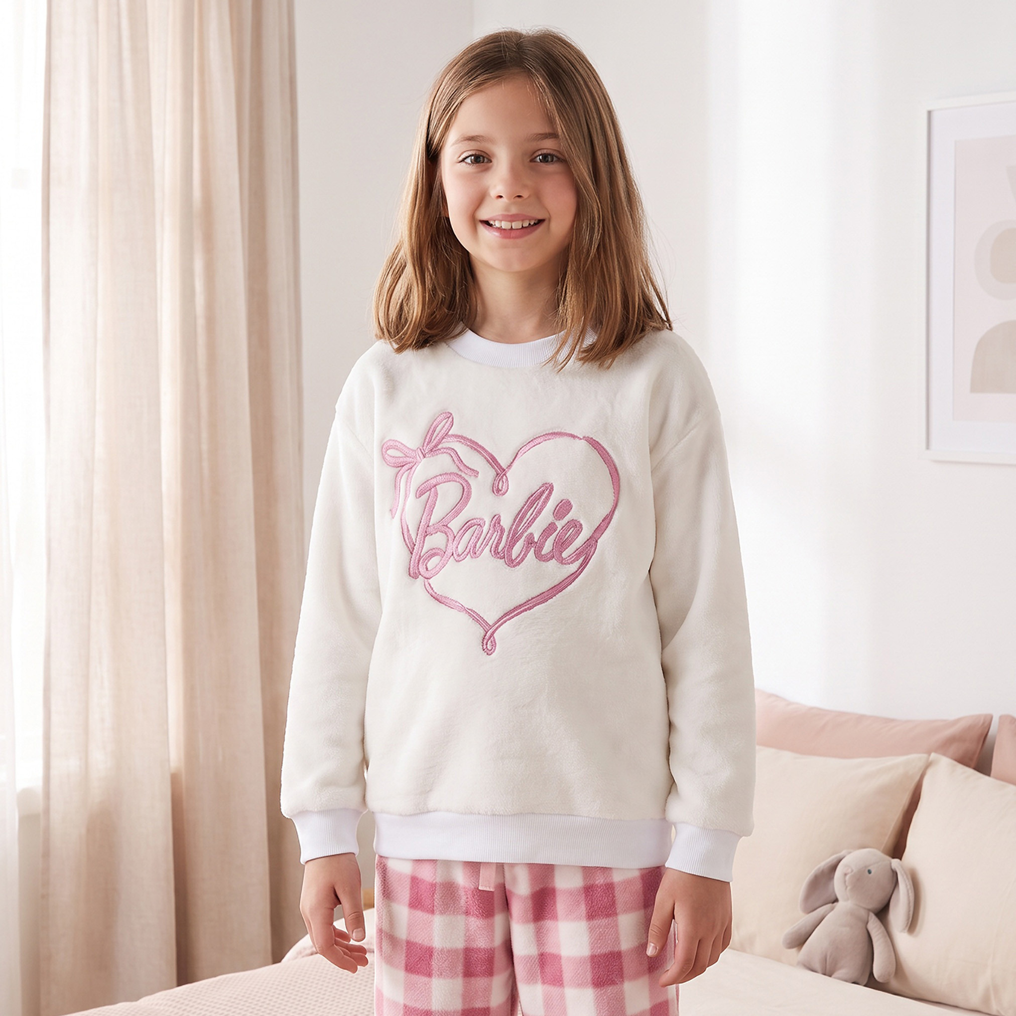 Crew Neck Long Sleeves Pyjama Set with Barbie Logo Embroidery-girls-clothing-nightwear-image-2