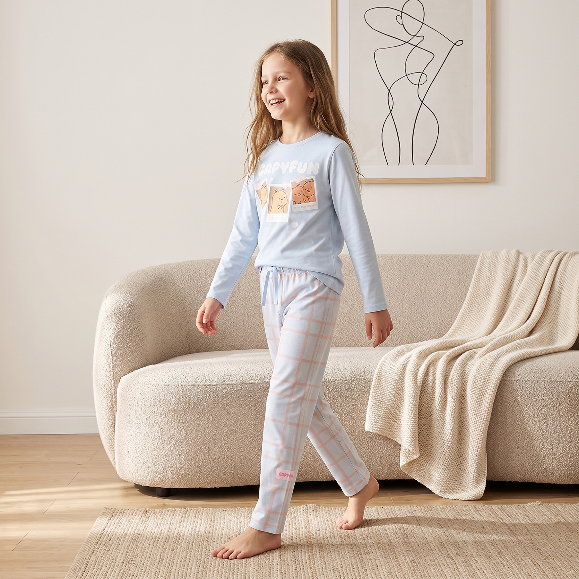CapyFun Crew Neck Long Sleeves Sweatshirt and Trousers Set with Checks-girls-clothing-nightwear-image-1