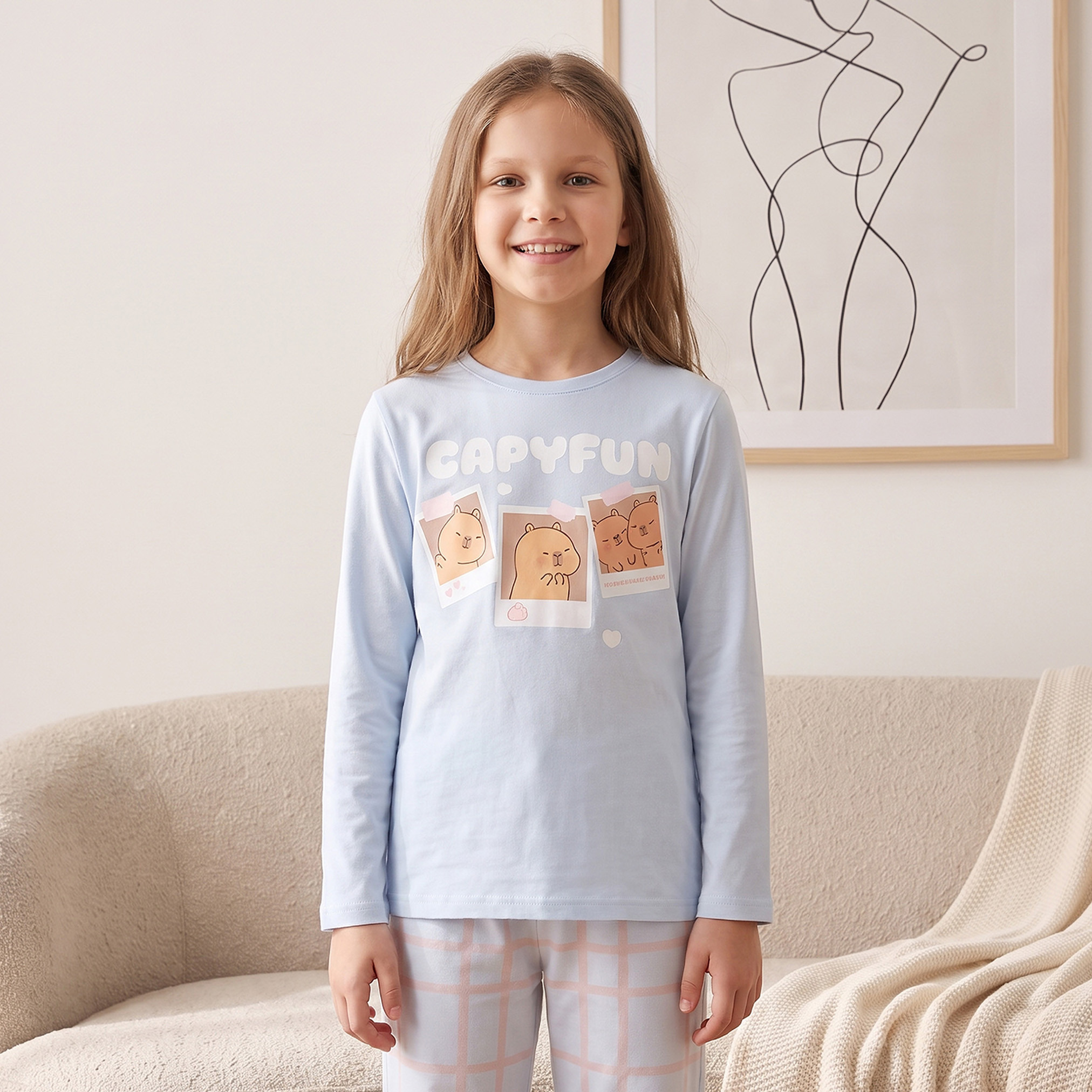 CapyFun Crew Neck Long Sleeves Sweatshirt and Trousers Set with Checks-girls-clothing-nightwear-image-2