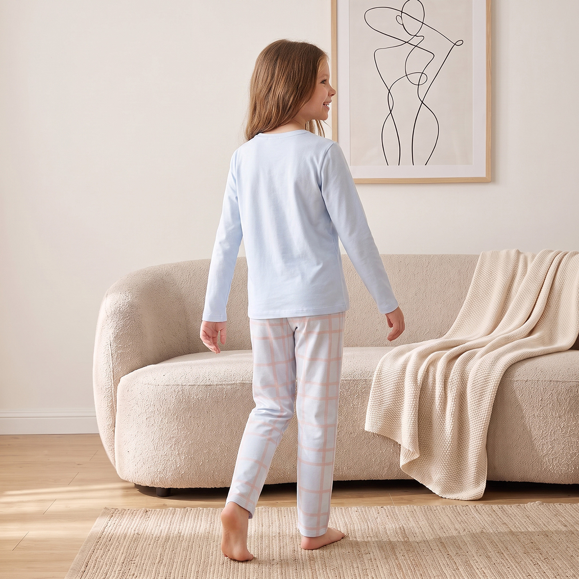 CapyFun Crew Neck Long Sleeves Sweatshirt and Trousers Set with Checks-girls-clothing-nightwear-image-4