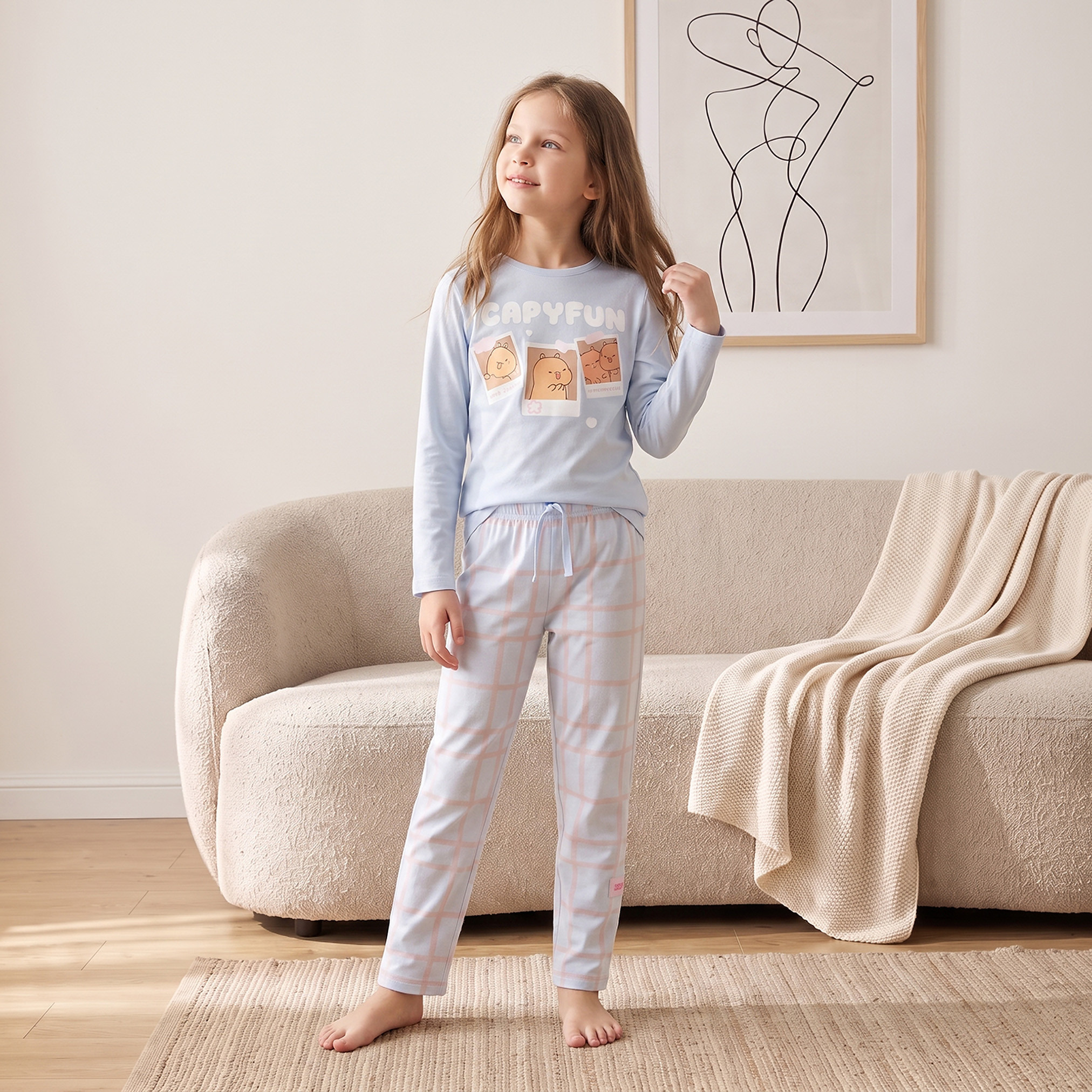 CapyFun Crew Neck Long Sleeves Sweatshirt and Trousers Set with Checks-girls-clothing-nightwear-image-7