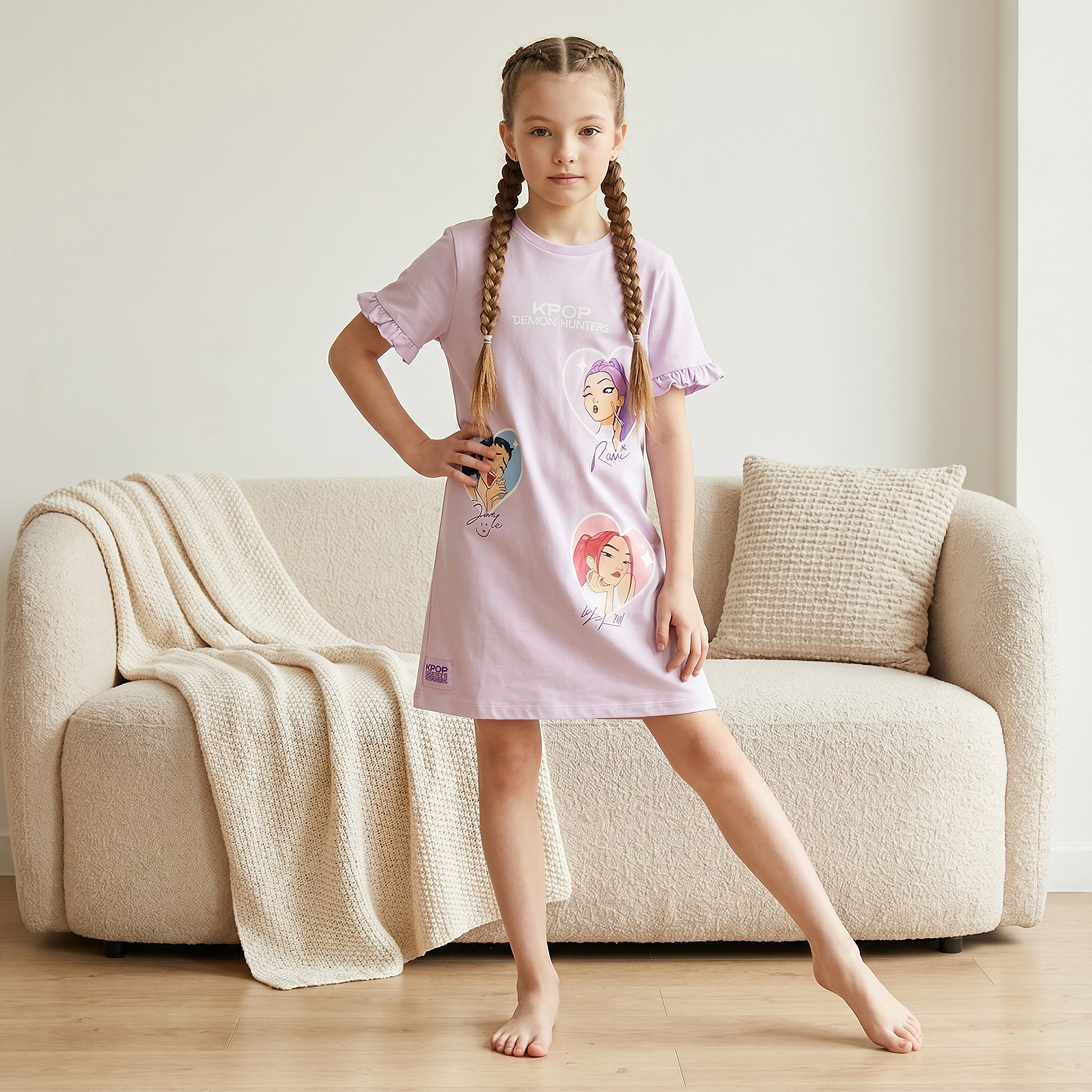 Netflix Cotton Round Neck Short Sleeves Sleepshirt with KPop Demon Hunters Print-girls-clothing-nightwear-image-1
