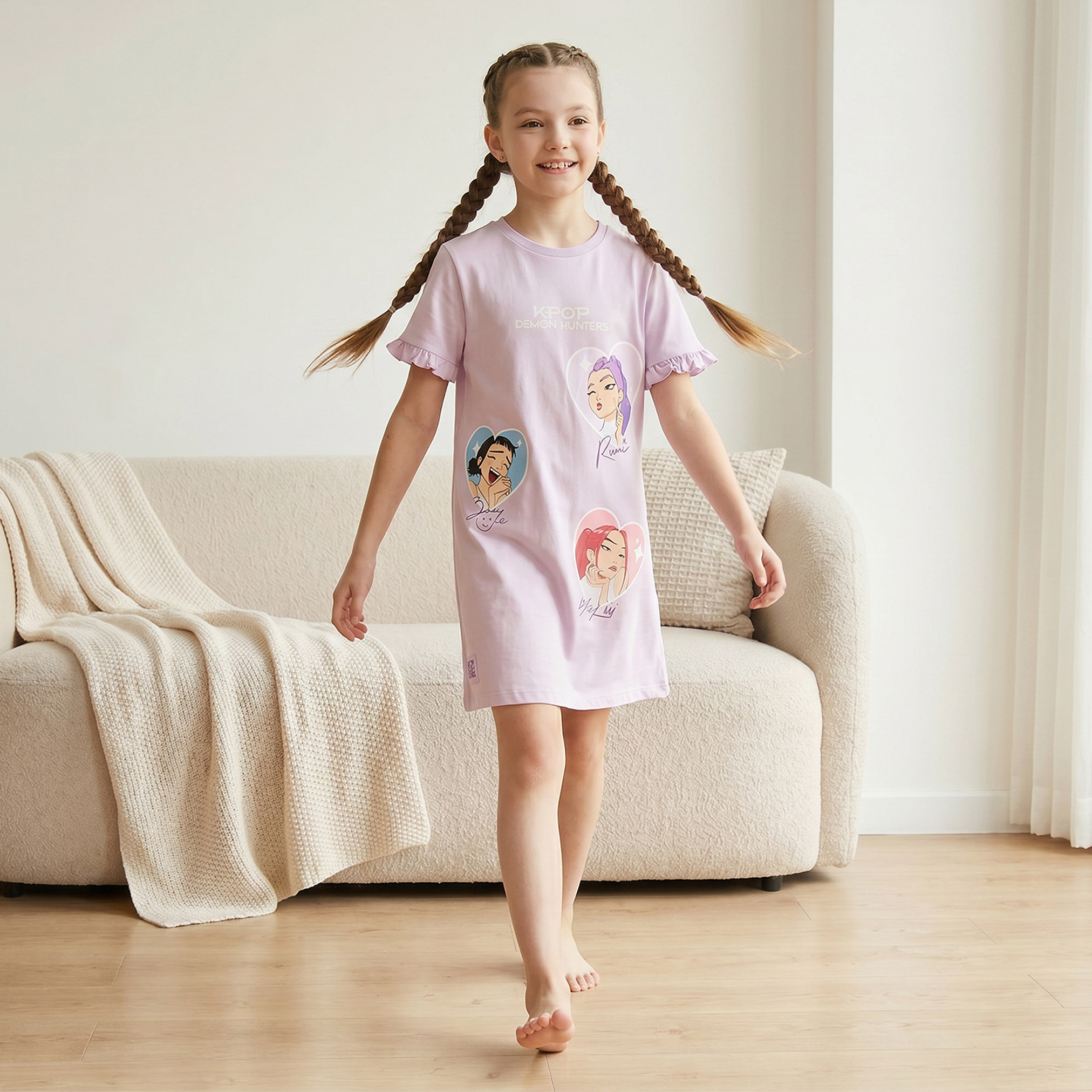 Netflix Cotton Round Neck Short Sleeves Sleepshirt with KPop Demon Hunters Print-girls-clothing-nightwear-image-3
