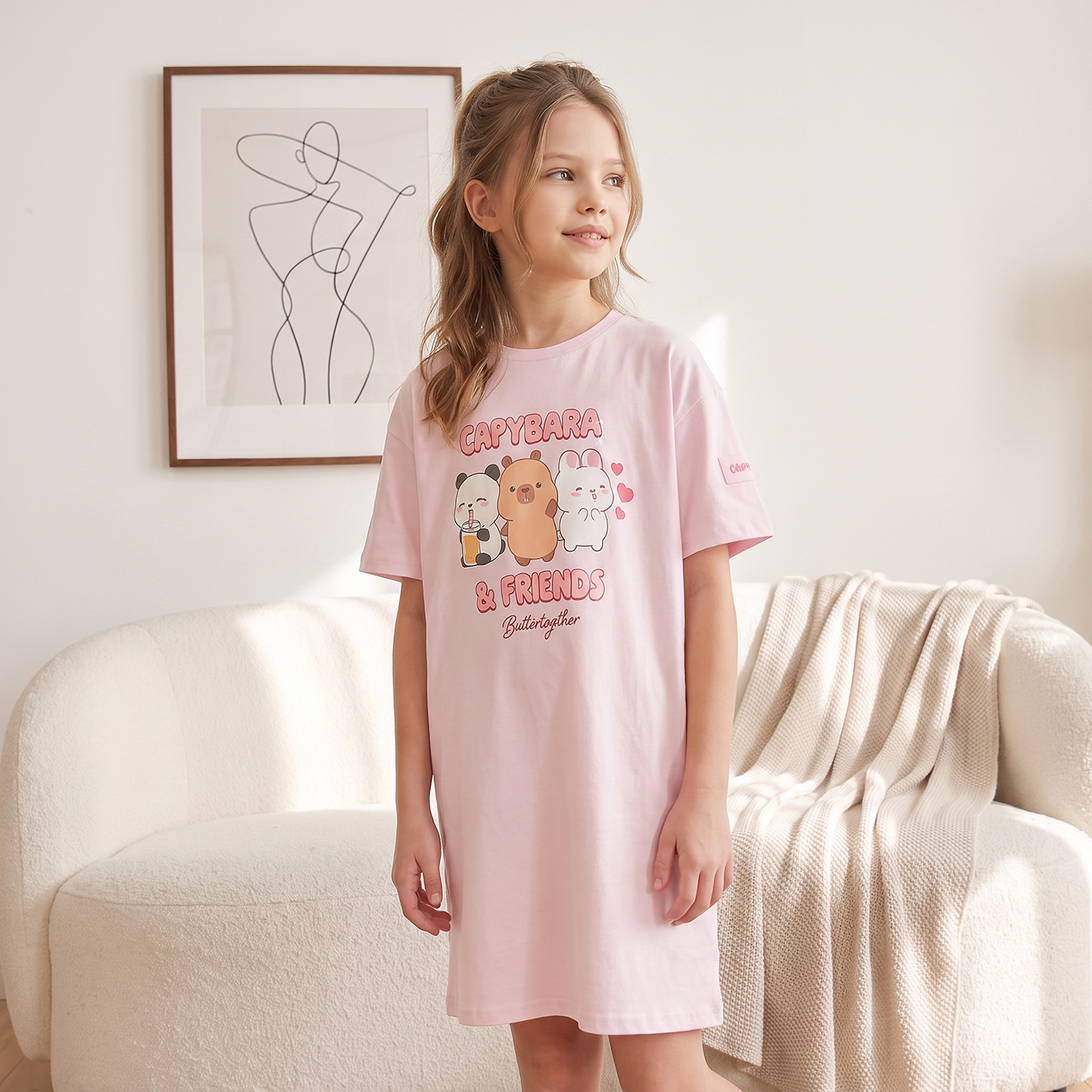 CapyFun Cotton Crew Neck Short Sleeves Night Dress with Capybara Print-girls-clothing-nightwear-image-3