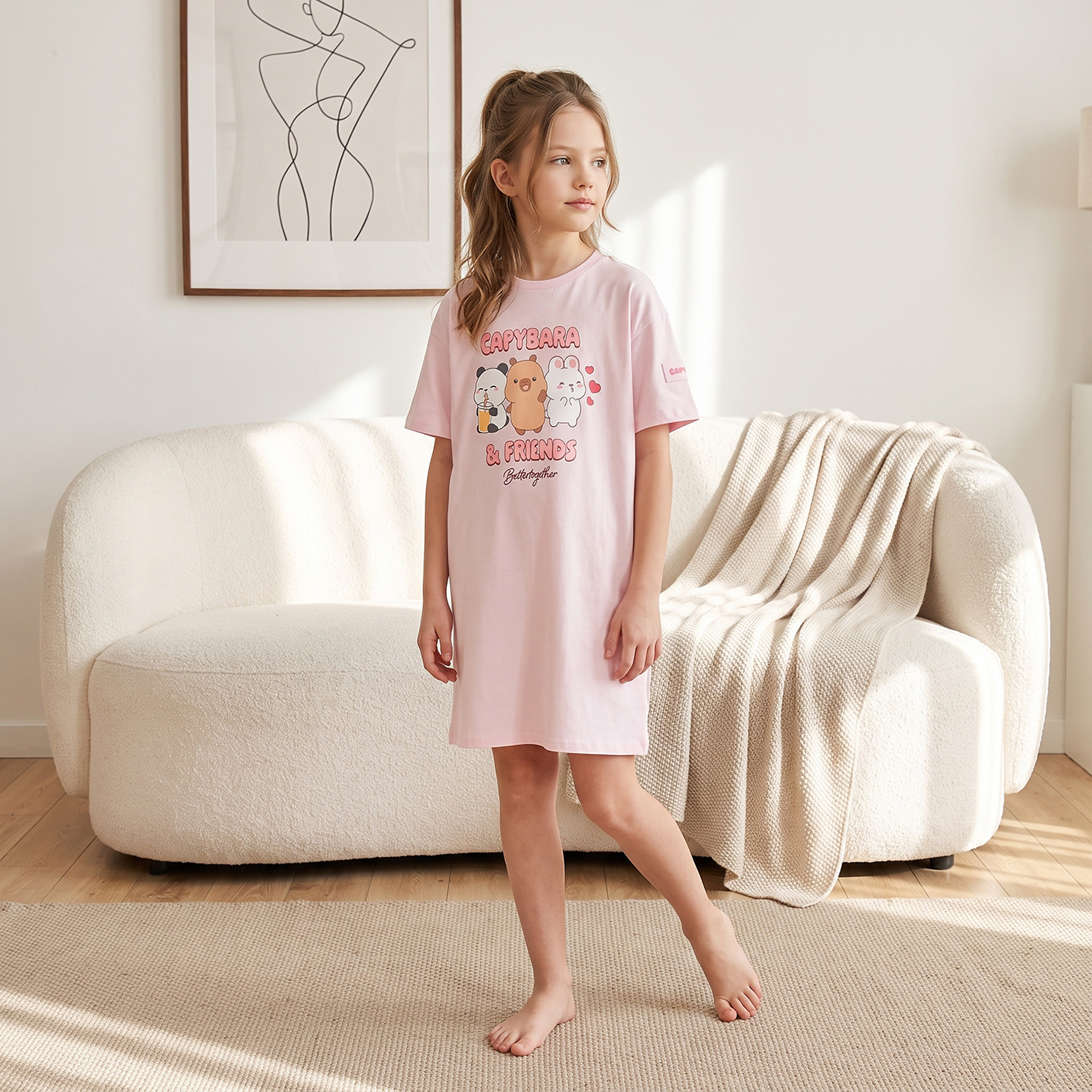 CapyFun Cotton Crew Neck Short Sleeves Night Dress with Capybara Print-girls-clothing-nightwear-image-6
