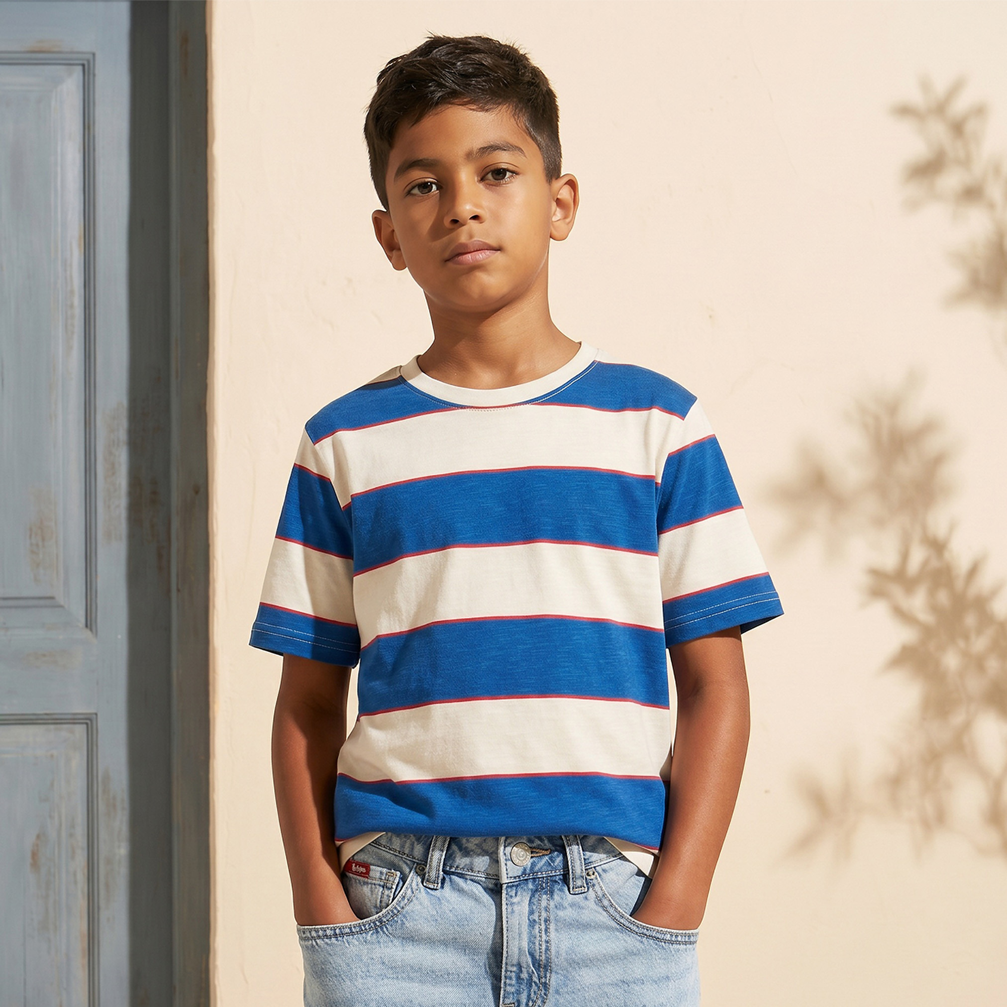 تيشيرت مخطط بياقة ضيقة وأكمام قصيرة من جونيورز-boys-clothing-tshirtsandpolos-image-1