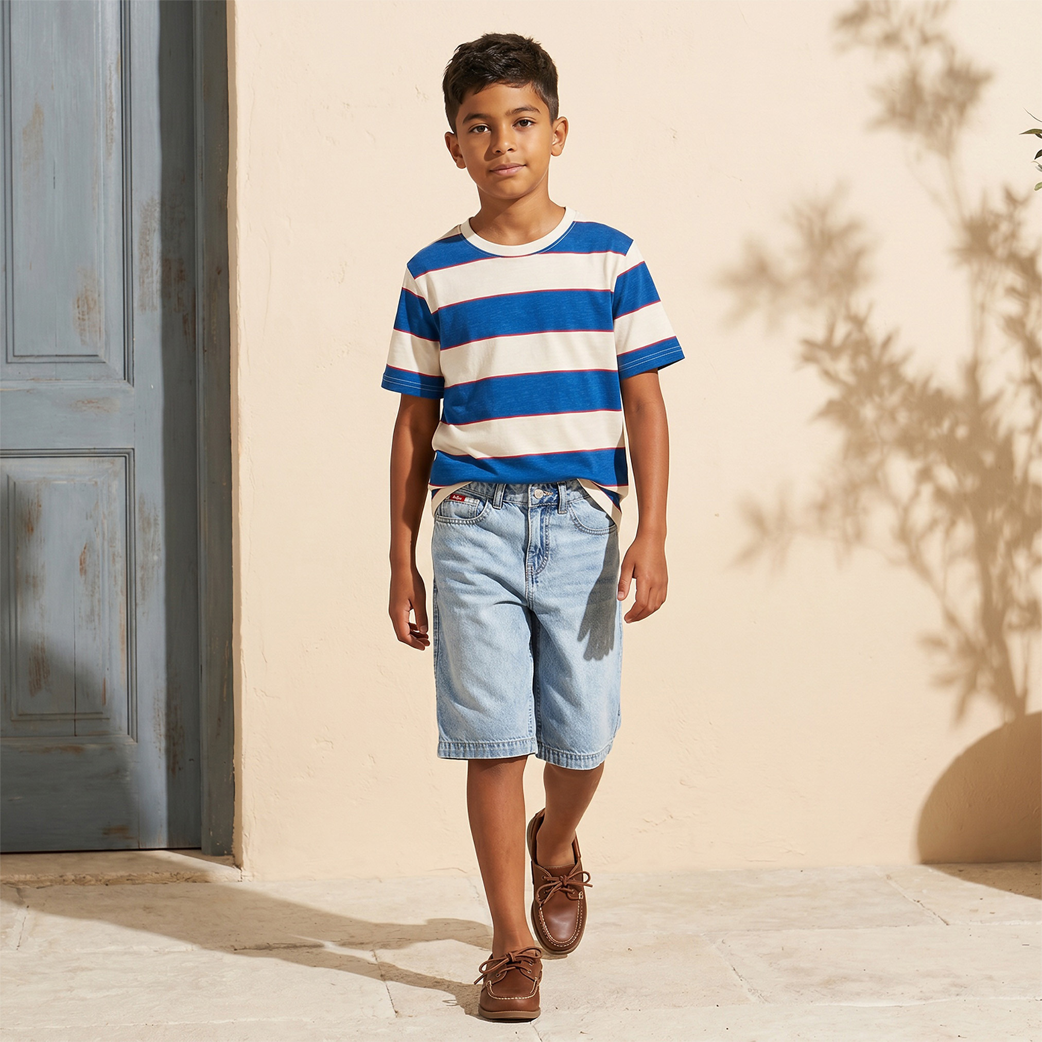 تيشيرت مخطط بياقة ضيقة وأكمام قصيرة من جونيورز-boys-clothing-tshirtsandpolos-image-2