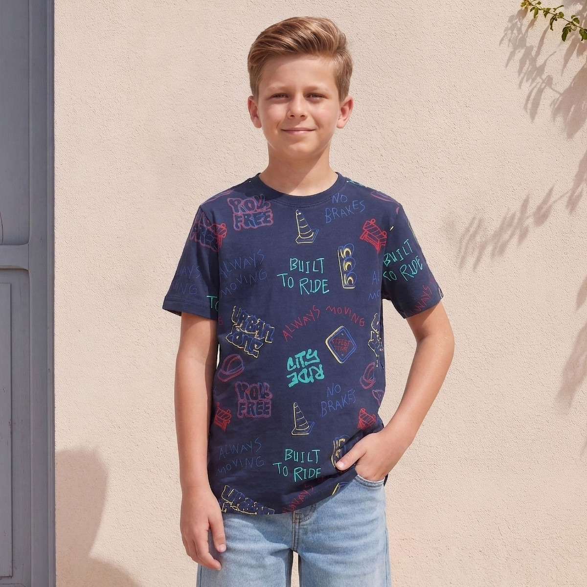 Juniors Crew Neck Short Sleeves T-shirt with Graffiti Print-boys-clothing-tshirtsandpolos-image-1