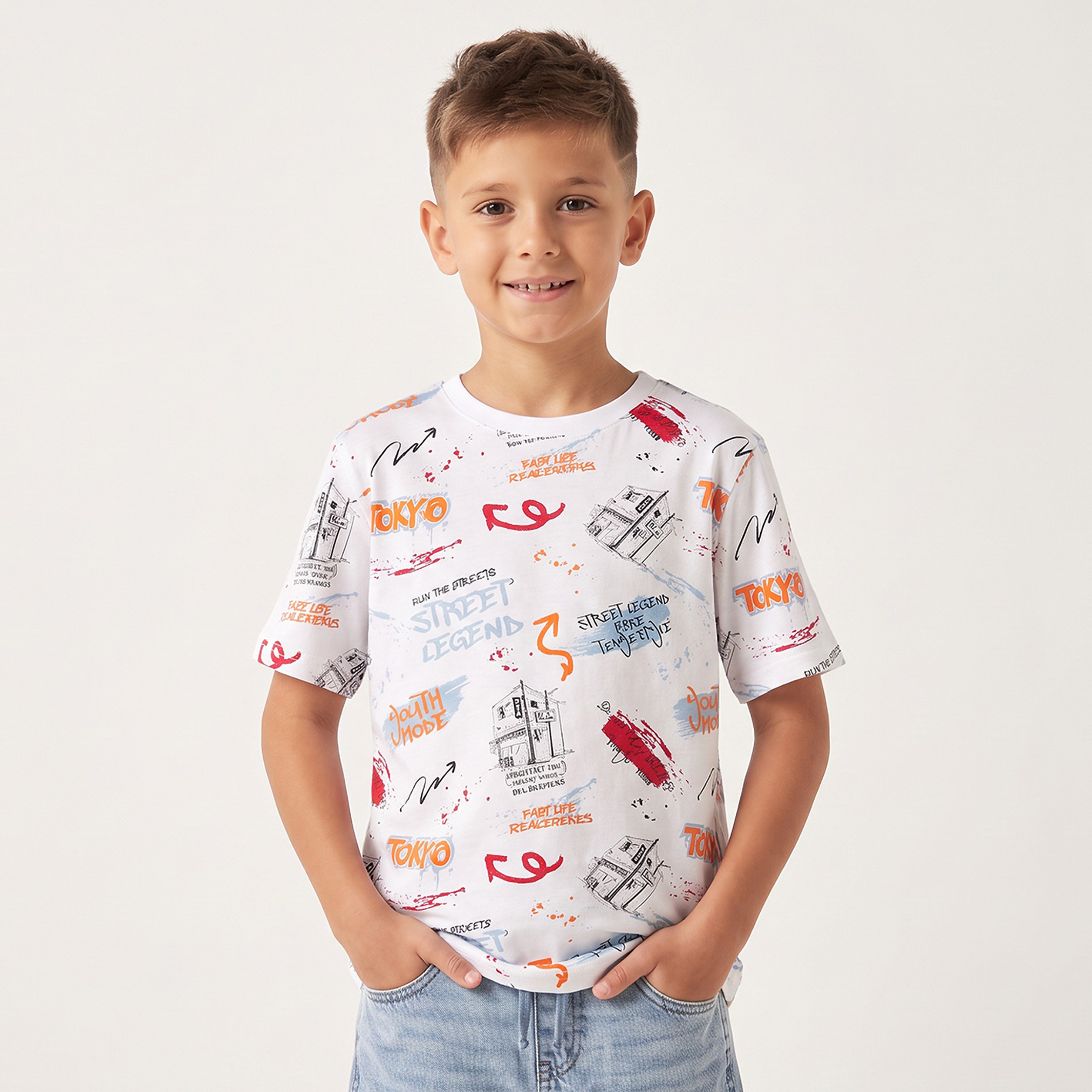 تيشيرت بياقة مستديرة وأكمام قصيرة بطبعة نص من جونيورز-boys-clothing-tshirtsandpolos-image-1