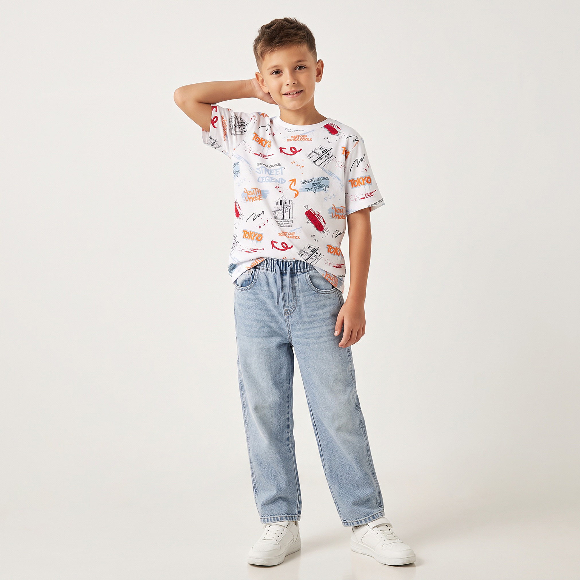 تيشيرت بياقة مستديرة وأكمام قصيرة بطبعة نص من جونيورز-boys-clothing-tshirtsandpolos-image-2