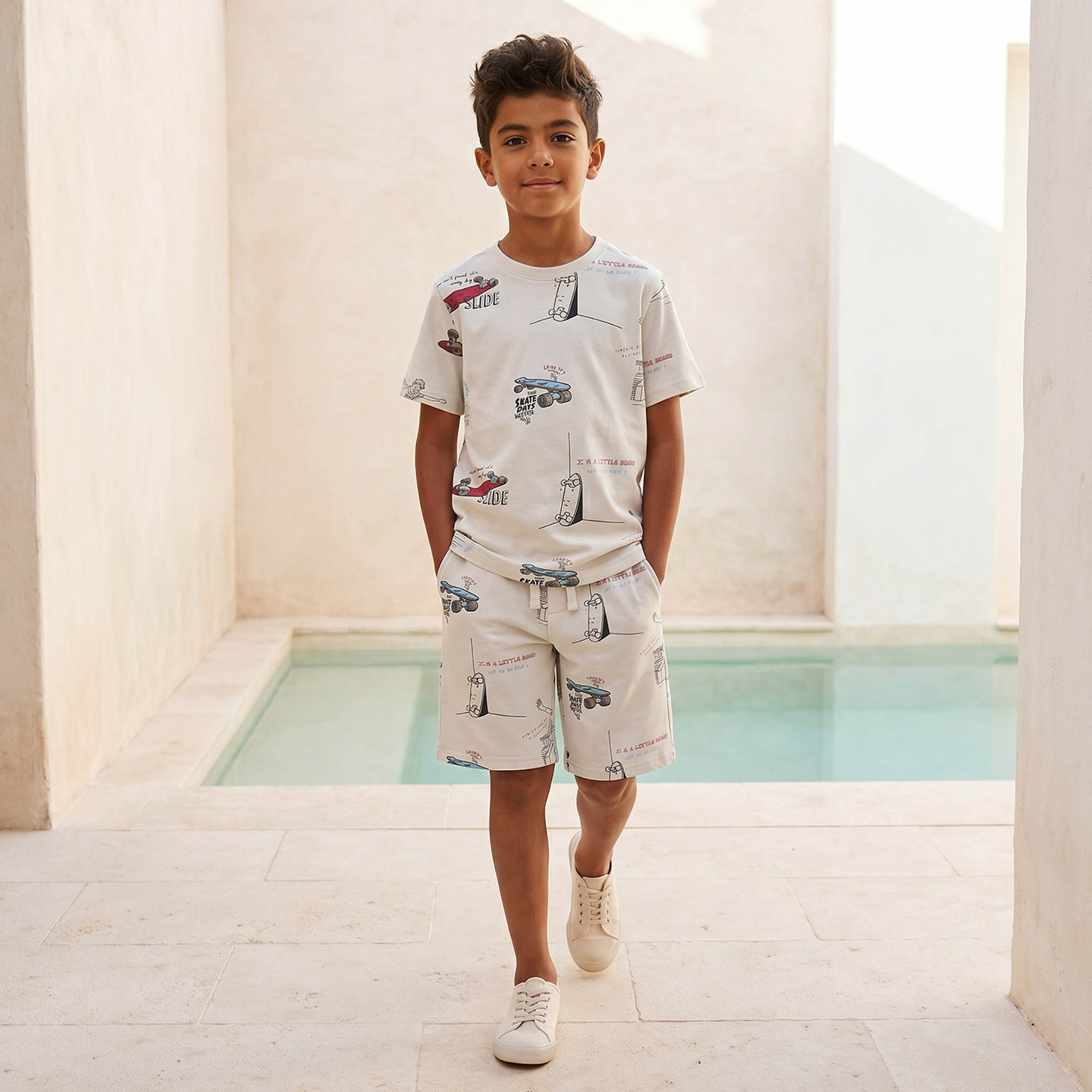 Juniors Knee Length Elasticated Drawstring Shorts with Skateboard Print-boys-clothing-bottoms-shorts-image-2