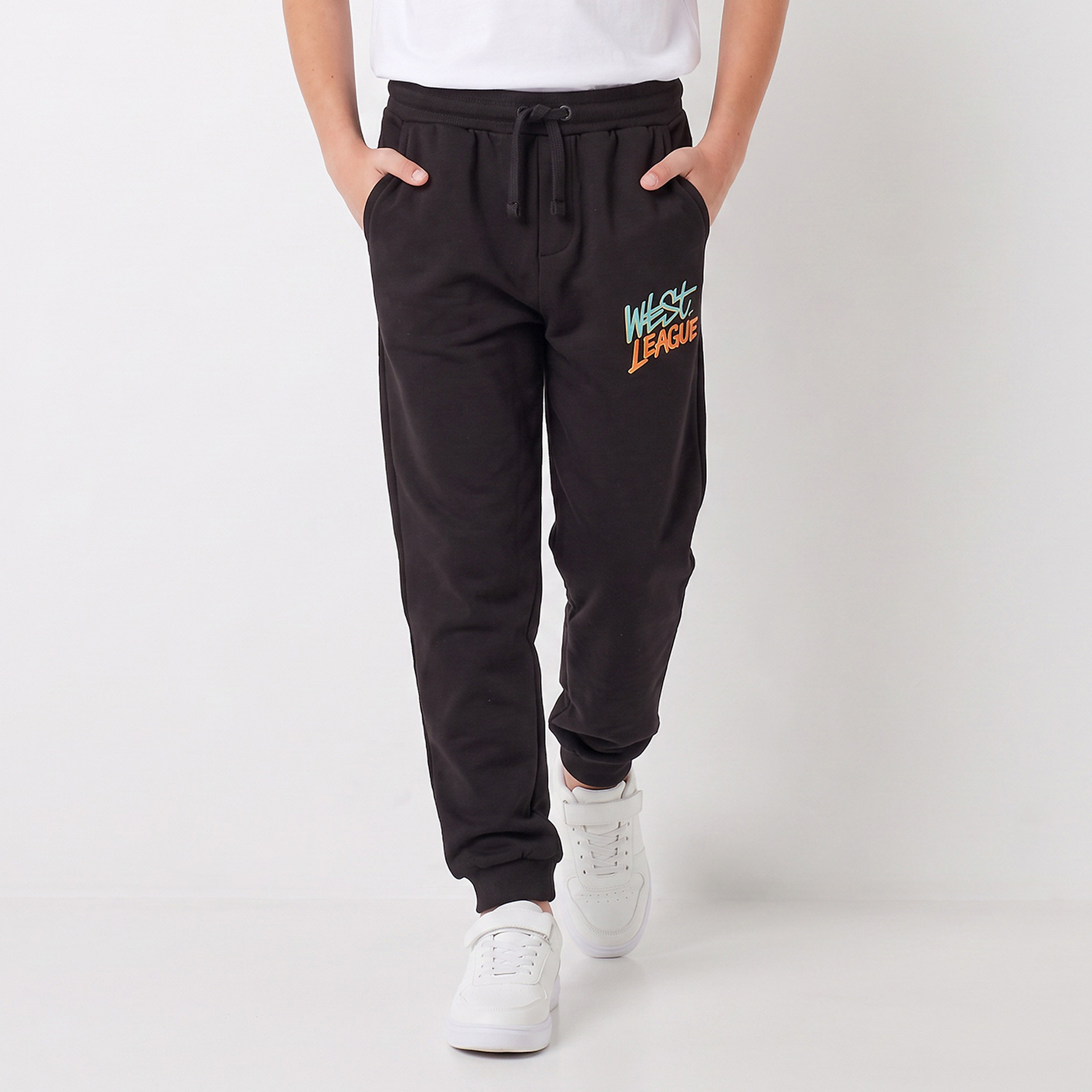 Juniors Elasticated Drawstring Waist Joggers with Typographic Print-boys-clothing-bottoms-joggersandtrackpants-image-1