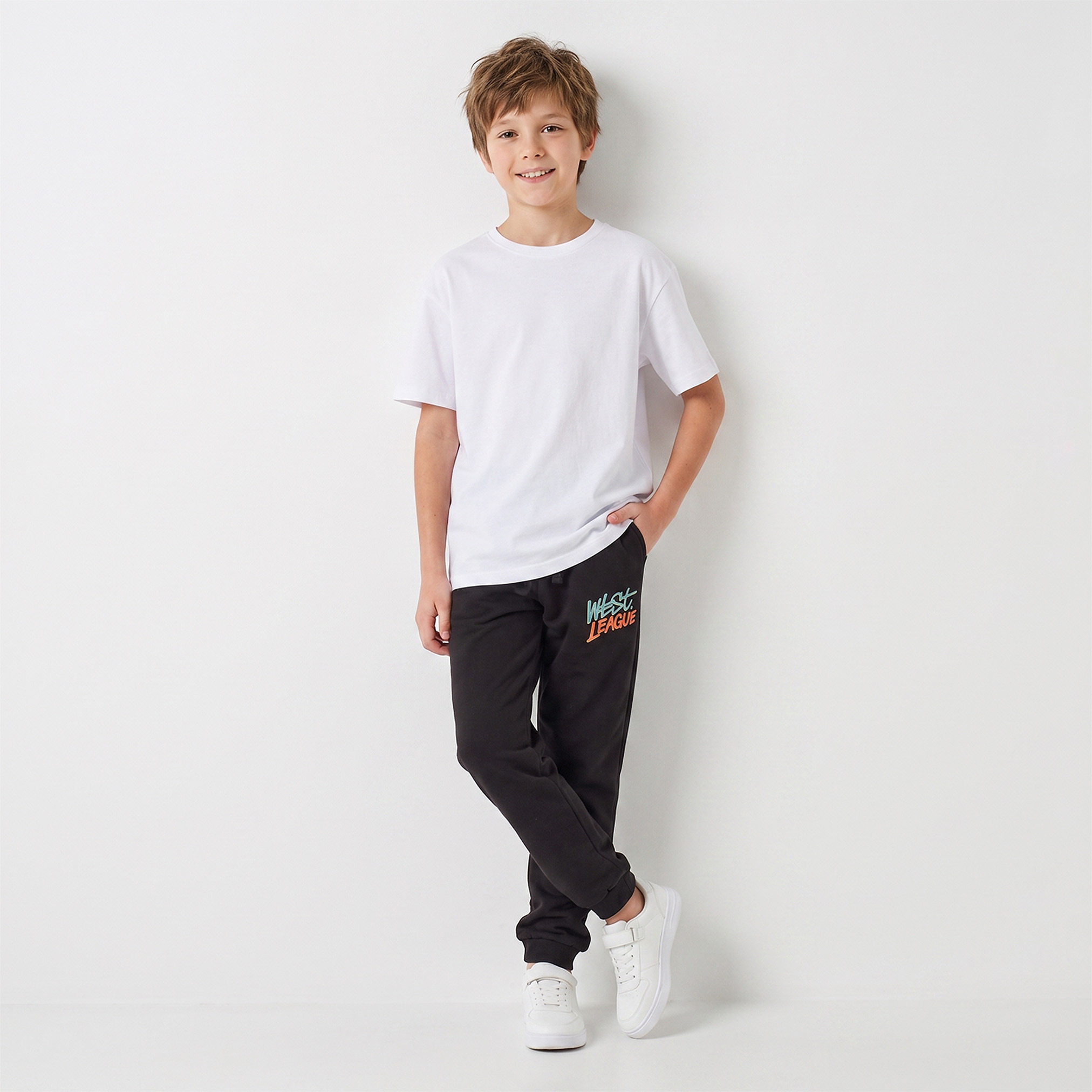 Juniors Elasticated Drawstring Waist Joggers with Typographic Print-boys-clothing-bottoms-joggersandtrackpants-image-2