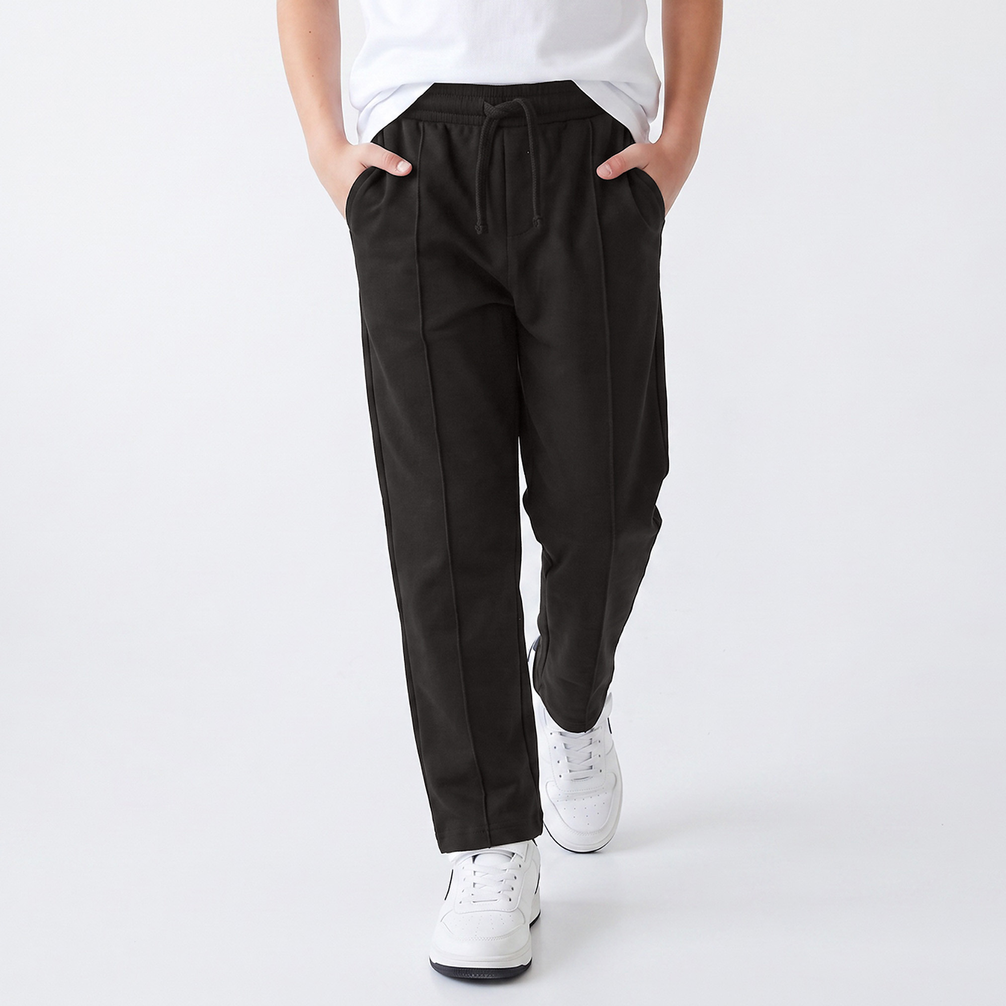 Juniors Elasticated Drawstring Waist Track Pants with Panelled Design-boys-clothing-bottoms-joggersandtrackpants-image-1