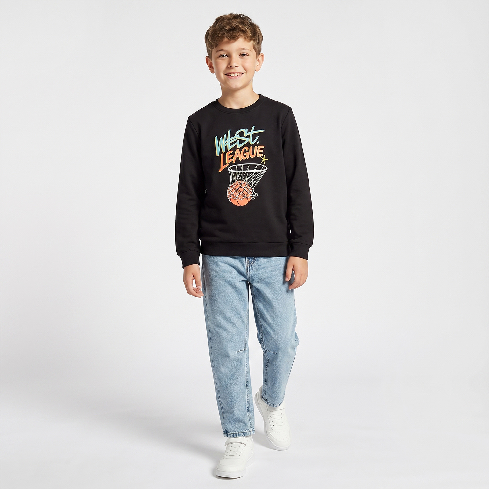 Juniors Basketball Print Sweatshirt with Long Sleeves-boys-clothing-winterwear-sweatshirts-image-2