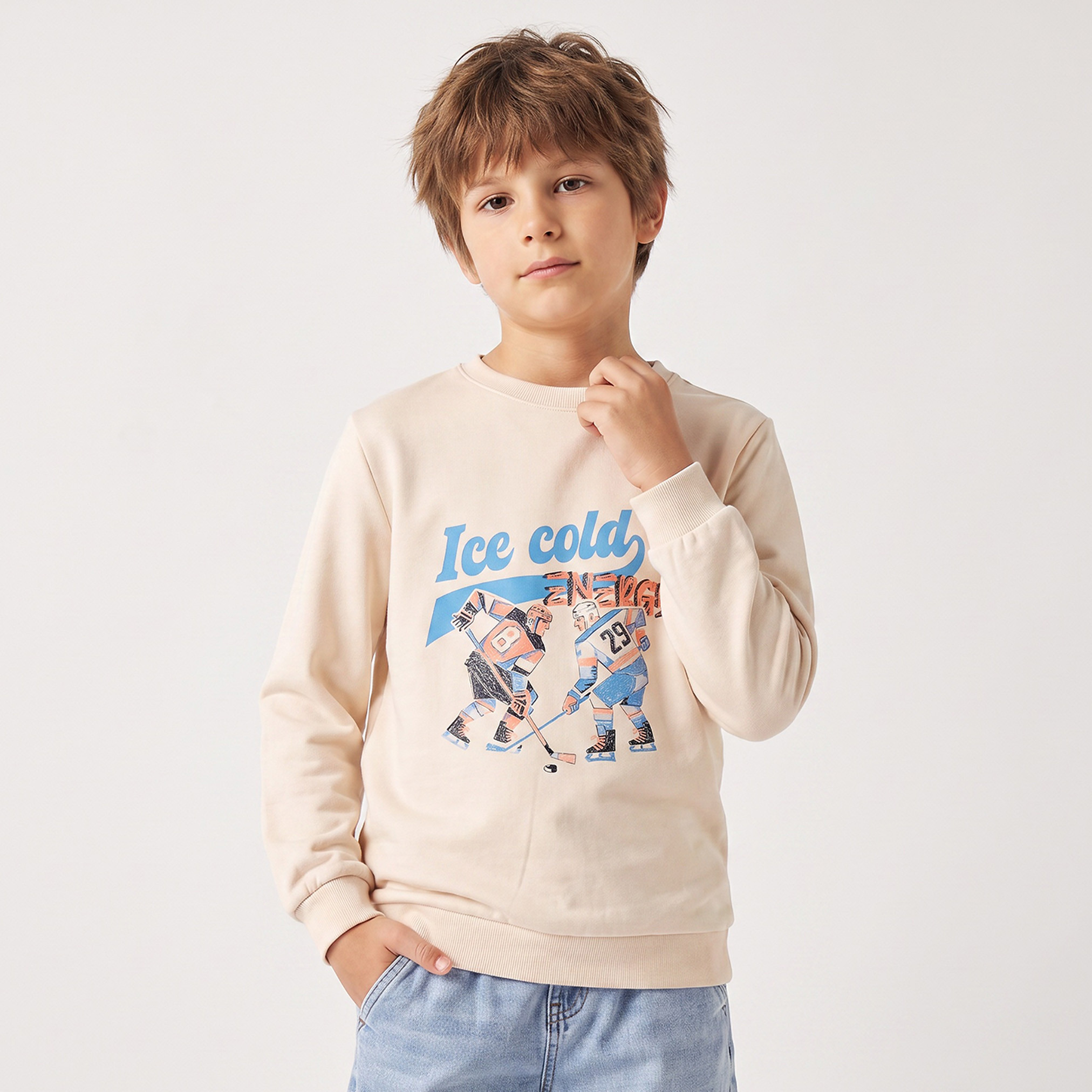Juniors Crew Neck Sweatshirt with Ice Hockey Print-boys-clothing-winterwear-sweatshirts-image-1