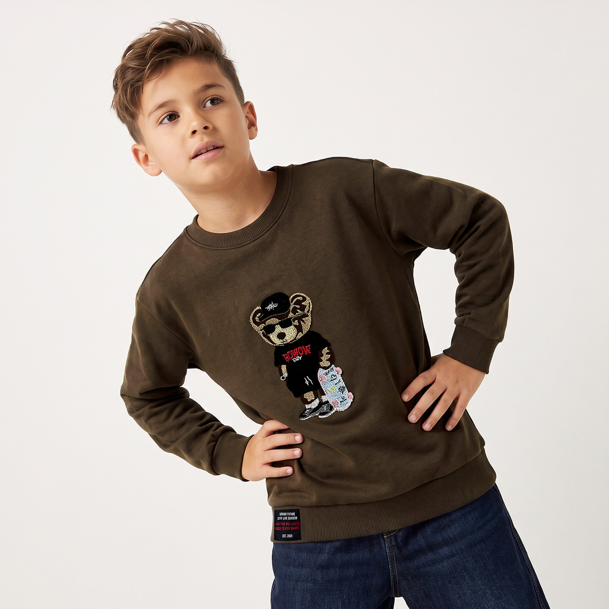 Juniors Crew Neck Sweatshirt with Bear Embroidery-boys-clothing-winterwear-sweatshirts-image-1