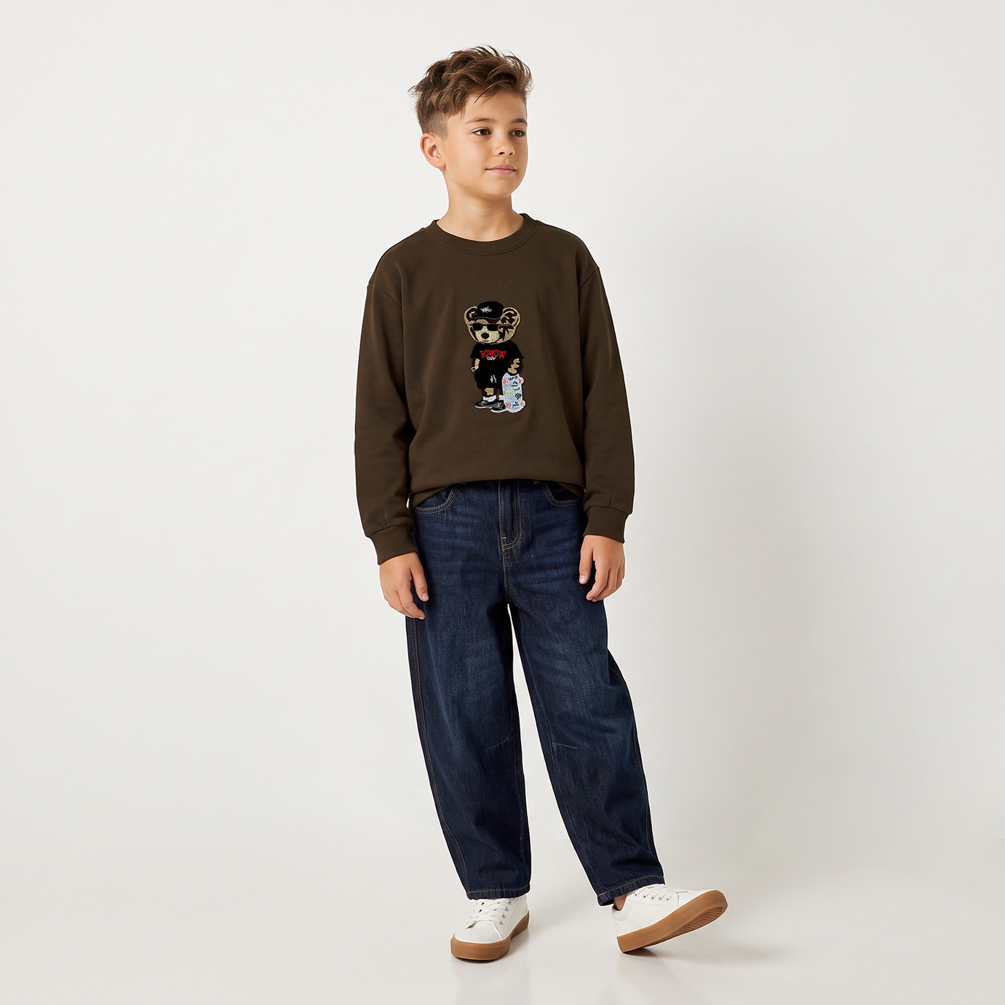 Juniors Crew Neck Sweatshirt with Bear Embroidery-boys-clothing-winterwear-sweatshirts-image-3