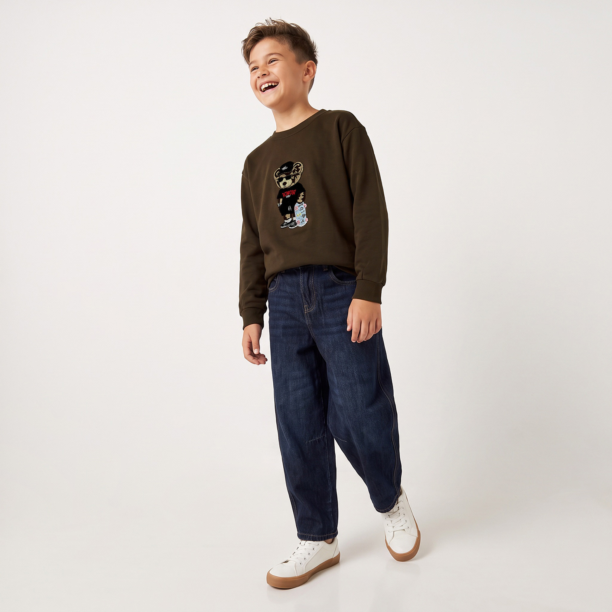 Juniors Crew Neck Sweatshirt with Bear Embroidery-boys-clothing-winterwear-sweatshirts-image-5