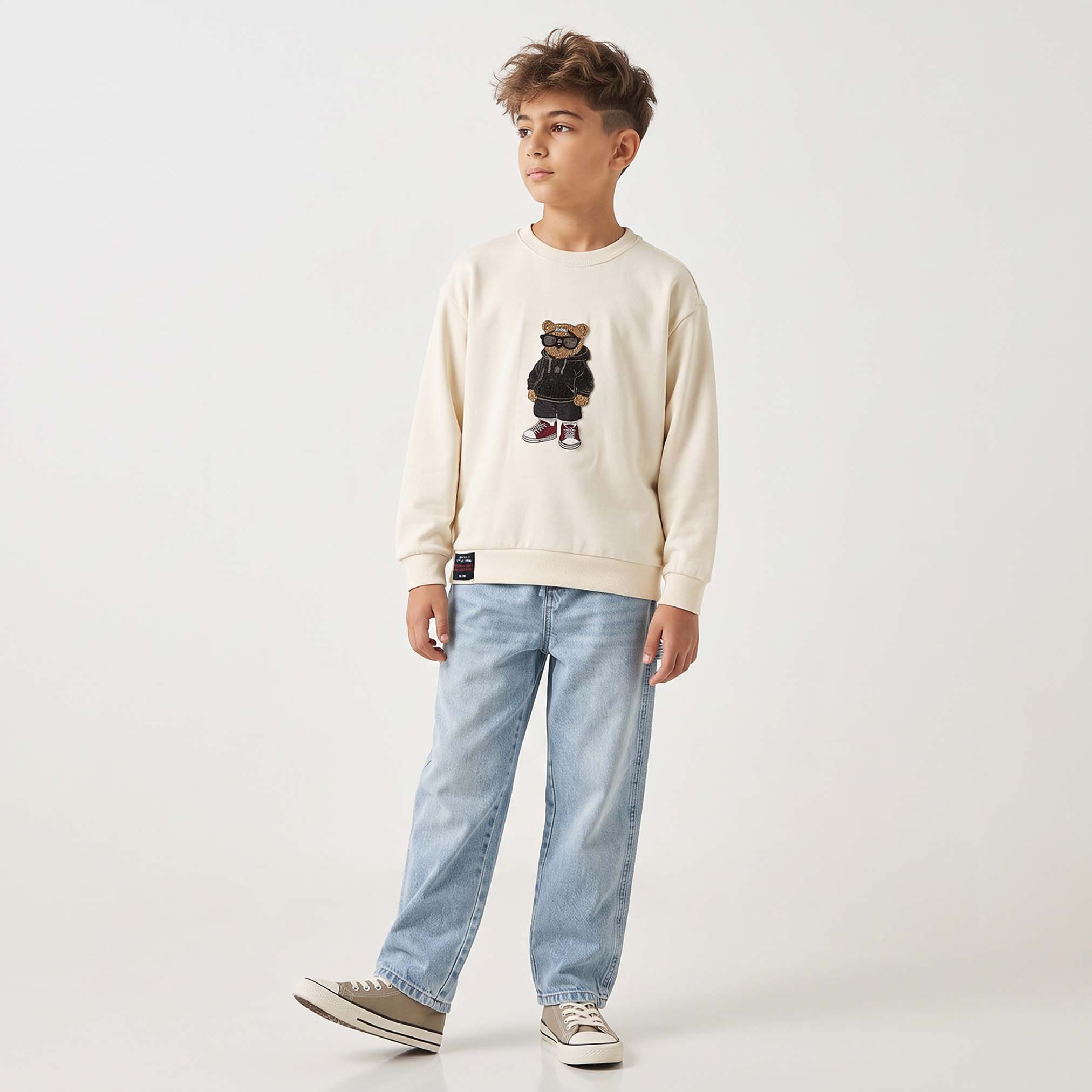 Juniors Crew Neck Long Sleeves Sweatshirt with Bear Applique-boys-clothing-winterwear-sweatshirts-image-3