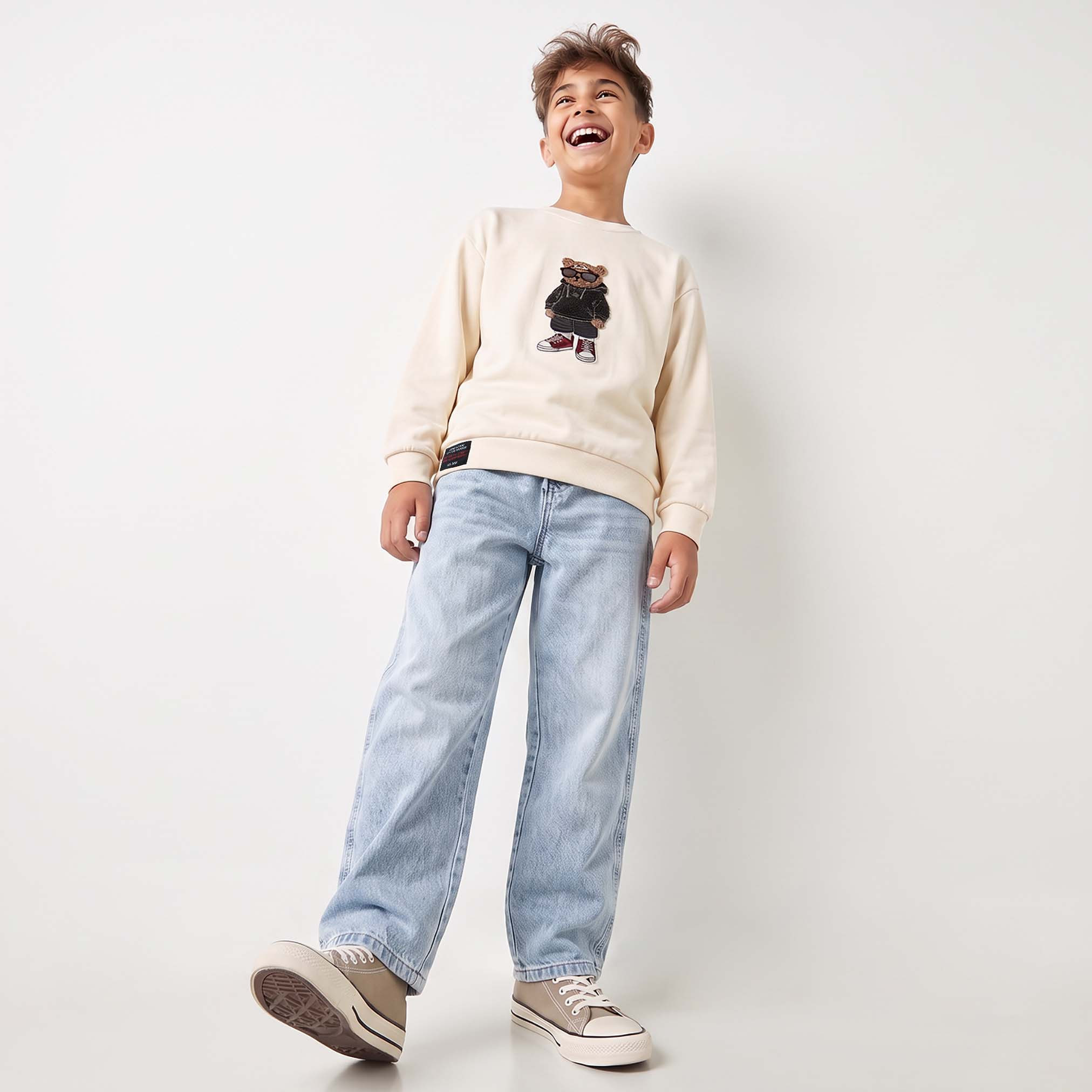 Juniors Crew Neck Long Sleeves Sweatshirt with Bear Applique-boys-clothing-winterwear-sweatshirts-image-5