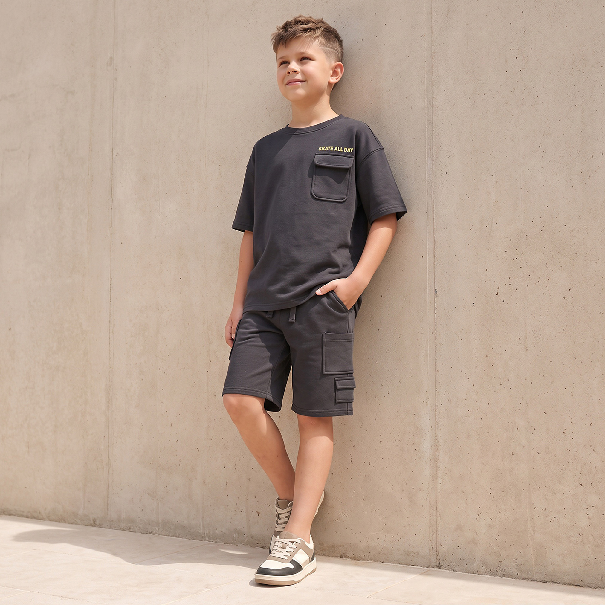 Juniors Crew Neck Short Sleeves T-shirt and Cargo Shorts Set with Slogan Print-boys-clothing-setsandcoords-image-7