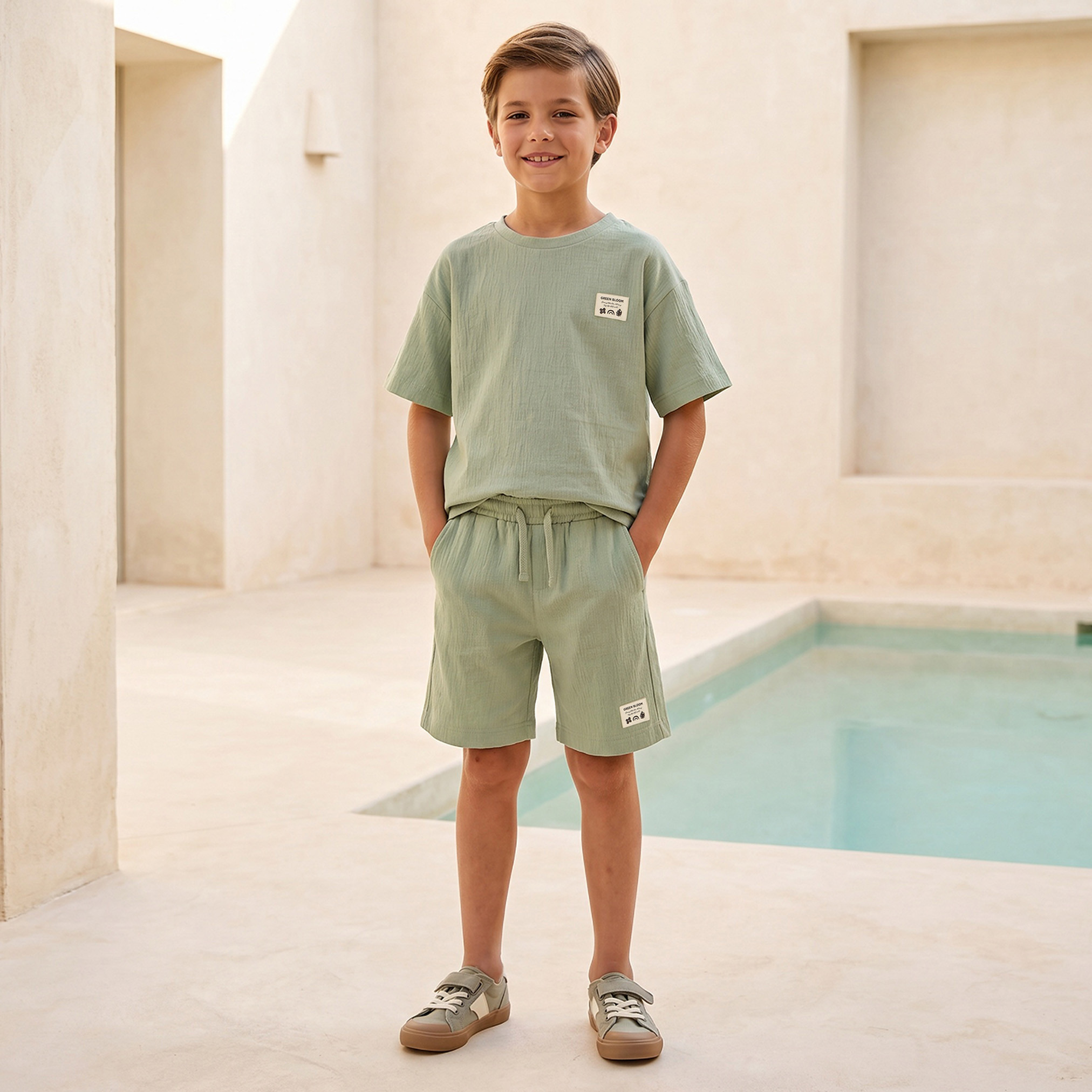 طقم تيشيرت بياقة ضيقة وأكمام قصيرة وشورت بطبعات من جونيورز-boys-clothing-setsandcoords-image-1