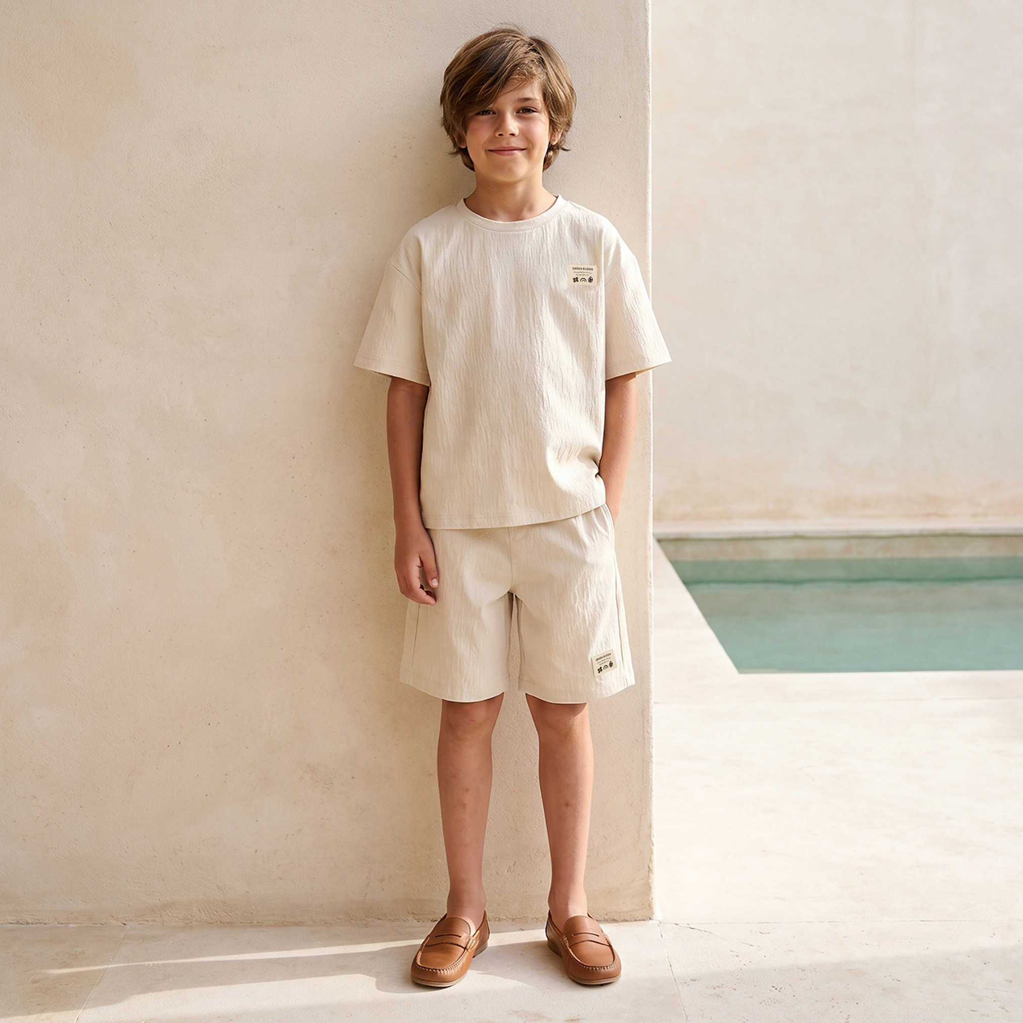 Juniors Crew Neck Short Sleeves T-shirt and Shorts Set with Leaf Print-boys-clothing-setsandcoords-image-1