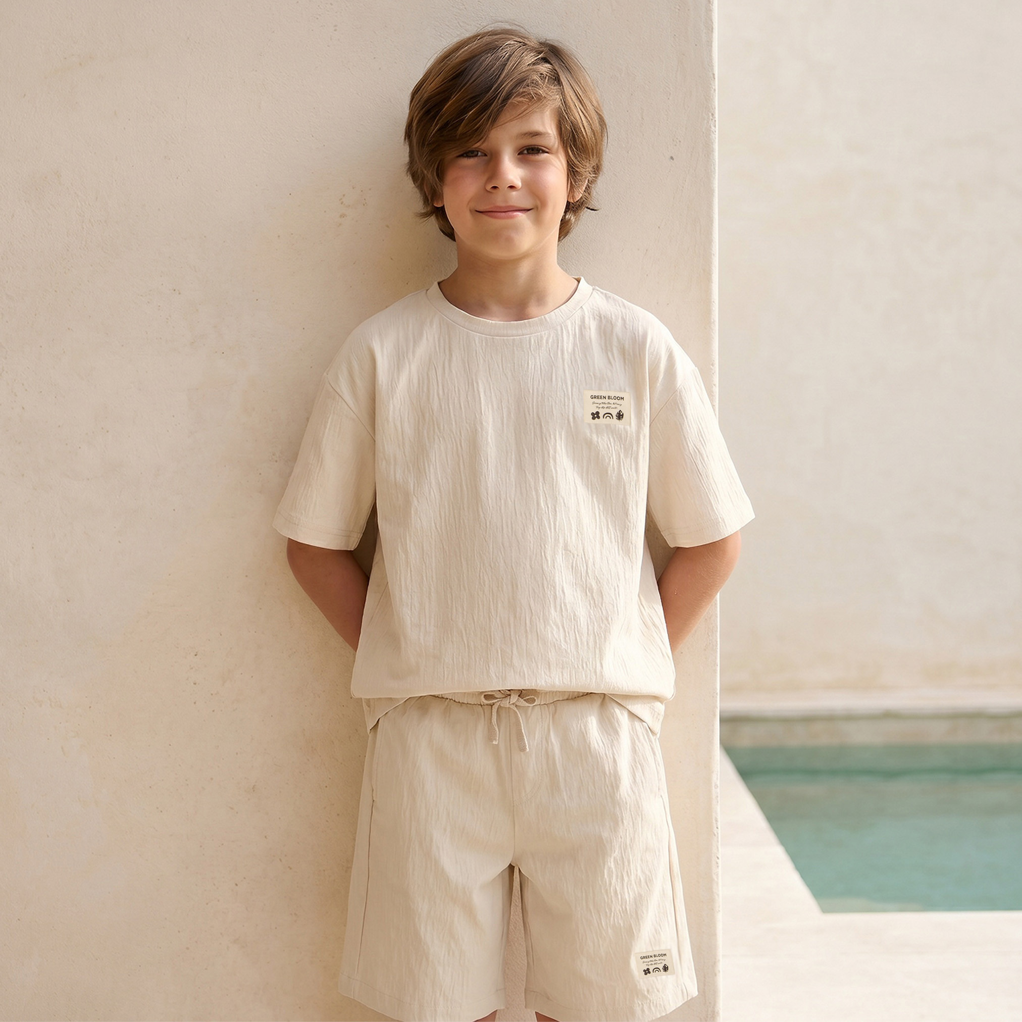 Juniors Crew Neck Short Sleeves T-shirt and Shorts Set with Leaf Print-boys-clothing-setsandcoords-image-2
