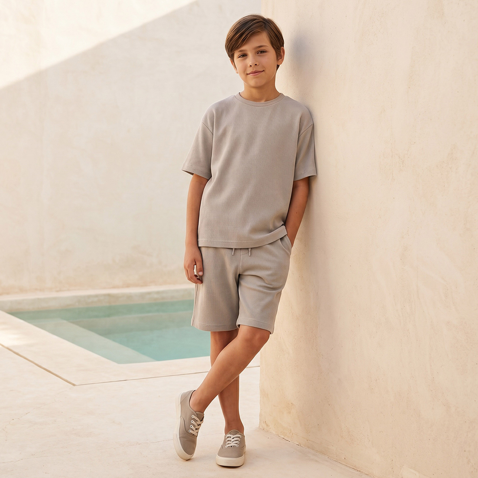 Juniors Crew Neck Short Sleeves T-shirt and Shorts Set with Textured Design-boys-clothing-setsandcoords-image-1