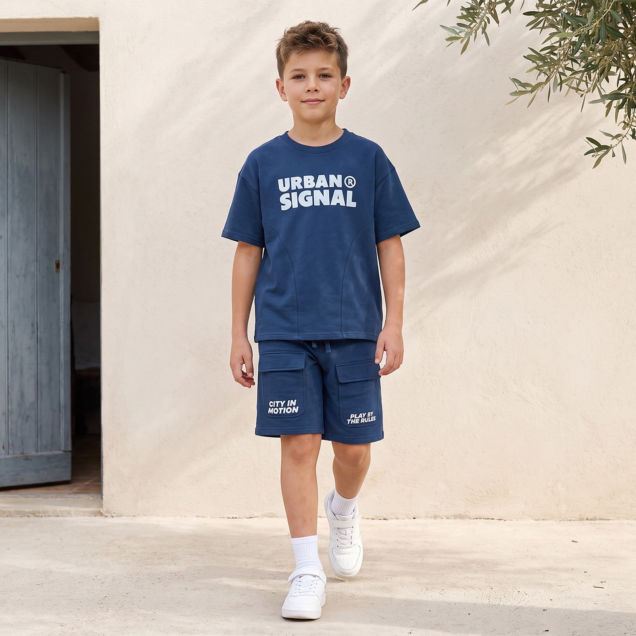 Juniors Crew Neck Short Sleeves T-shirt and Shorts Set with Typographic Print-boys-clothing-setsandcoords-image-7