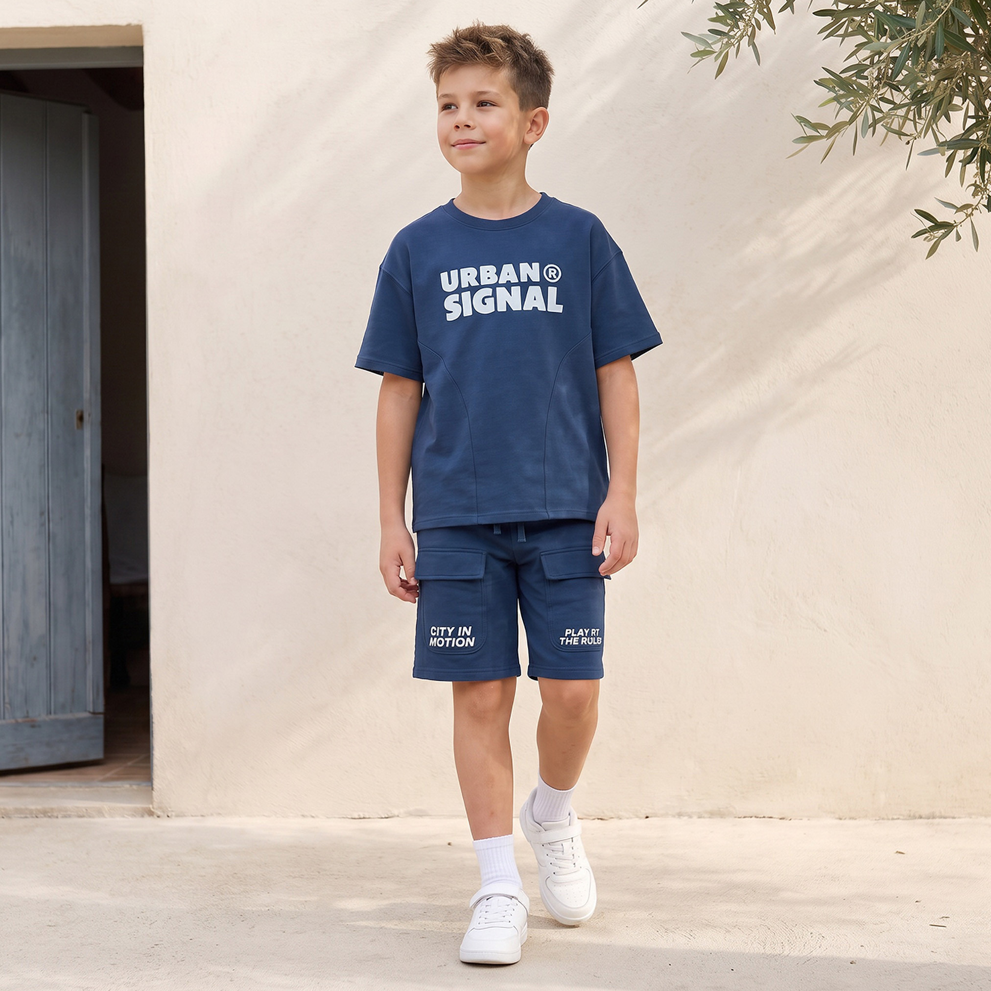 Juniors Crew Neck Short Sleeves T-shirt and Shorts Set with Typographic Print-boys-clothing-setsandcoords-image-1