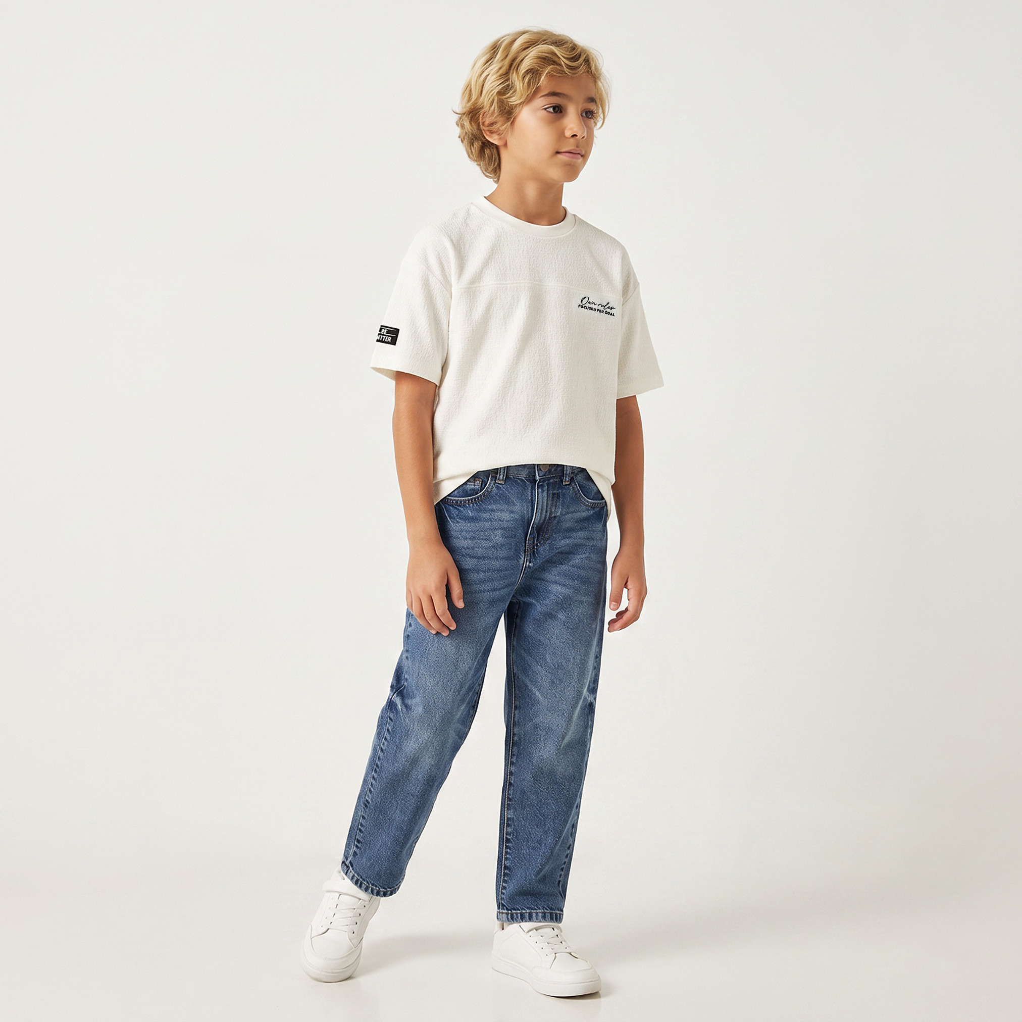 تيشيرت بياقة ضيقة وأكمام منسدلة بارز الملمس من جونيورز-boys-clothing-tshirtsandpolos-image-2