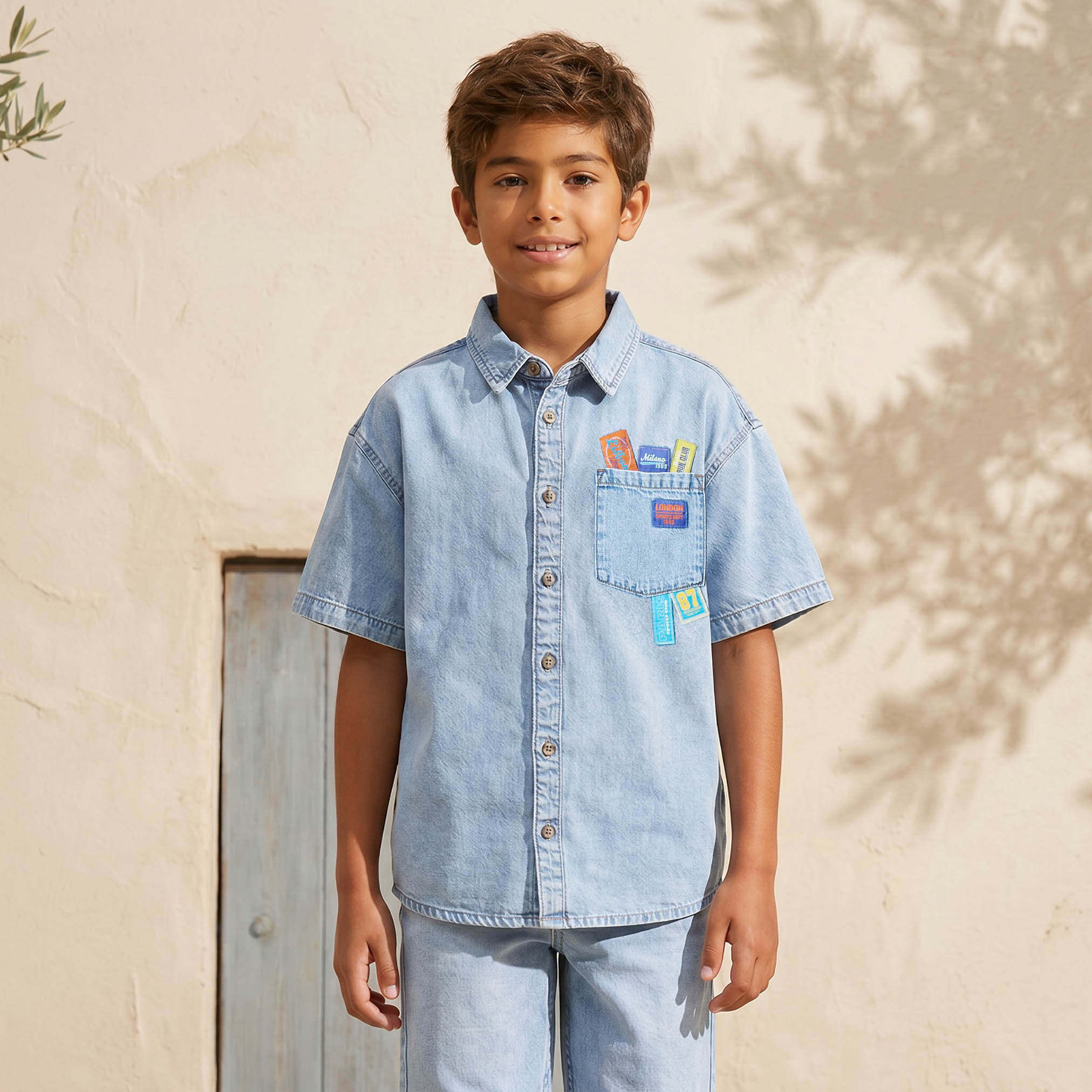 قميص جينز ولادي بأكمام قصيرة وتفاصيل عصرية-boys-clothing-shirts-image-1