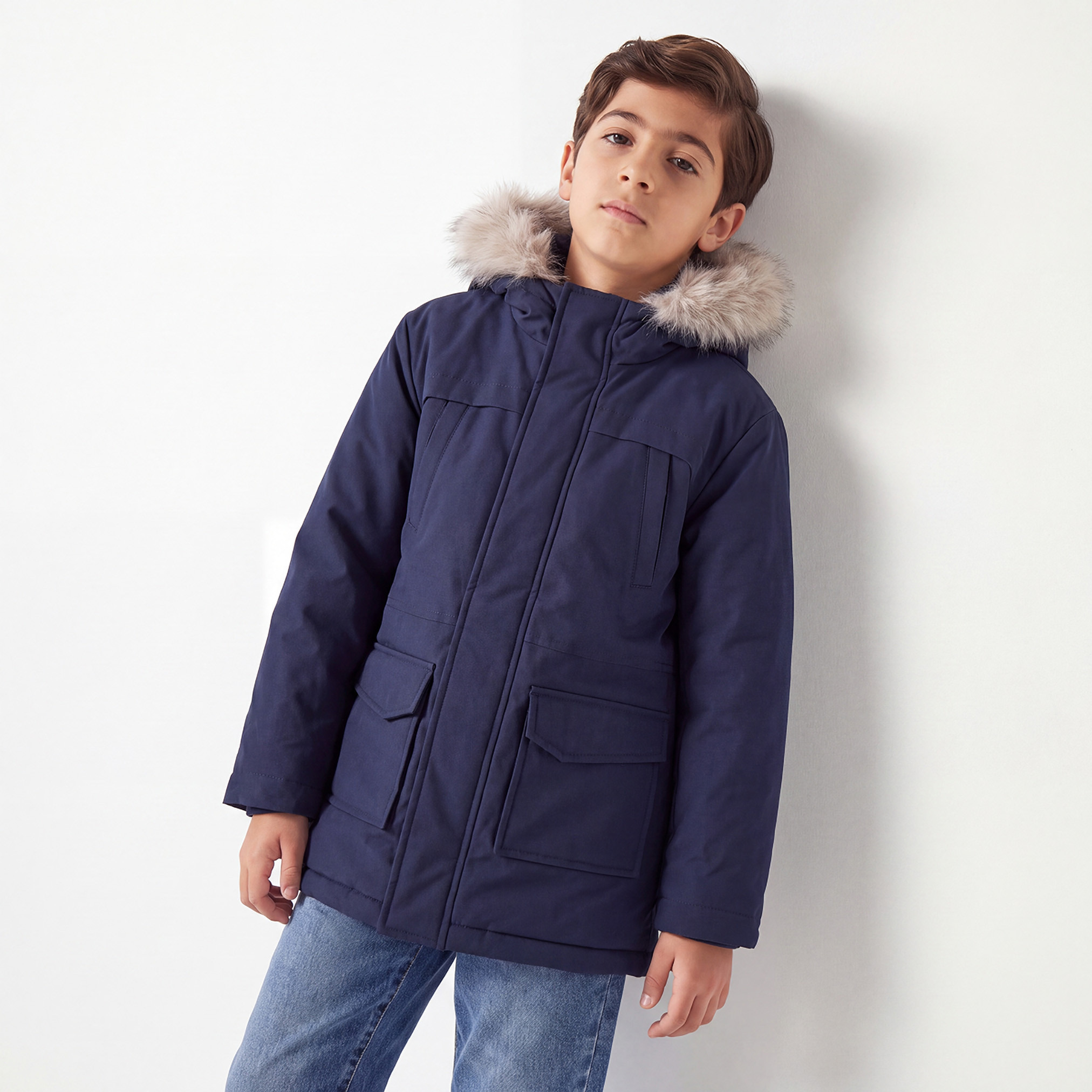 جاكيت بغطاء رأس بحافة فرو من جونيورز-boys-clothing-jacketsandcoats-image-1