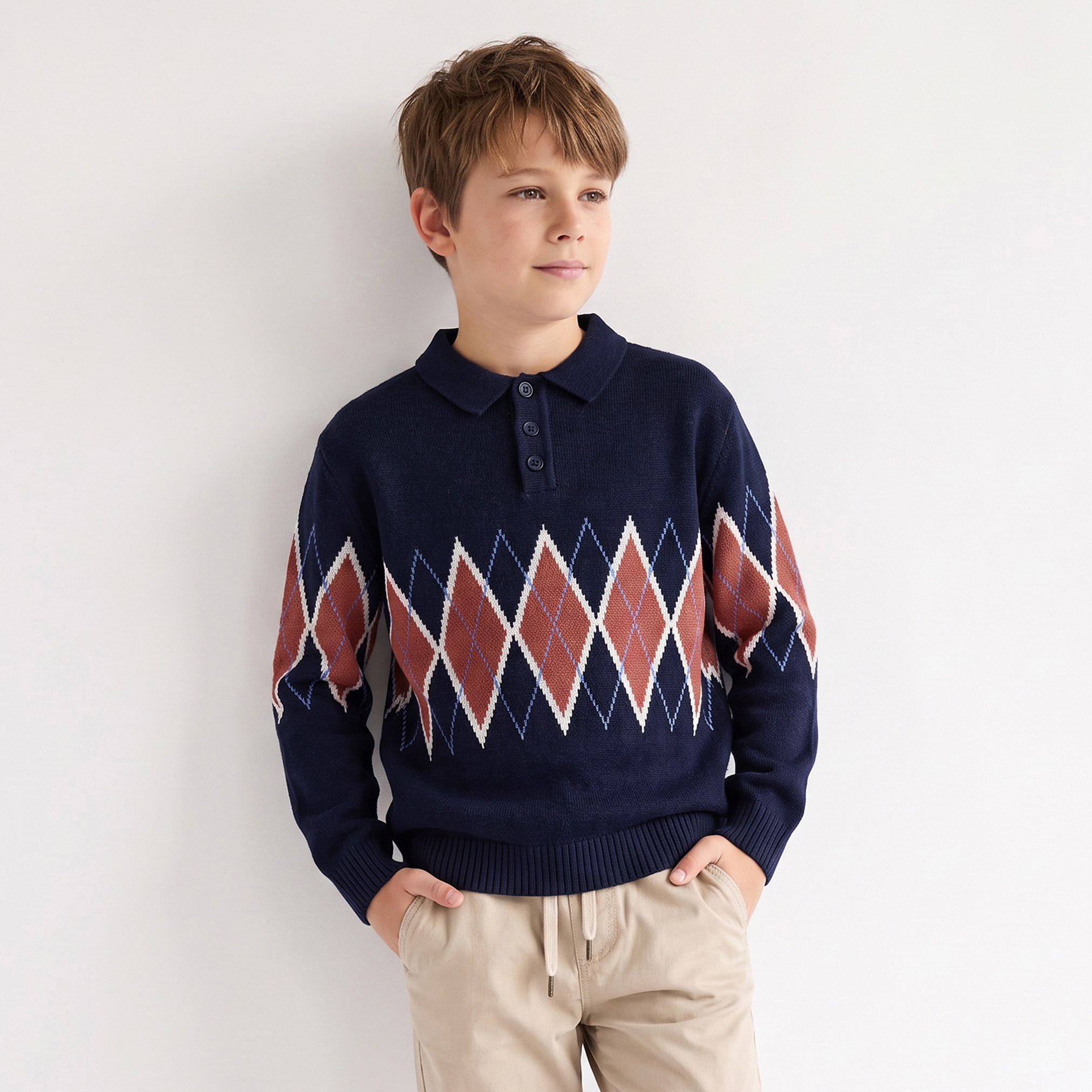 Juniors Argyle Knit Sweater with Long Sleeves-boys-clothing-jumpersandcardigans-image-1
