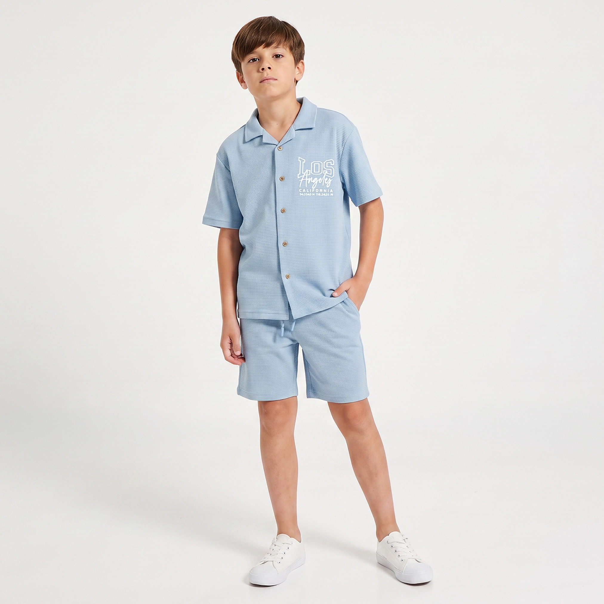 Juniors Camp Collar Short Sleeves Shirt and Shorts Set with Los Angeles Embroidery-boys-clothing-setsandcoords-image-1