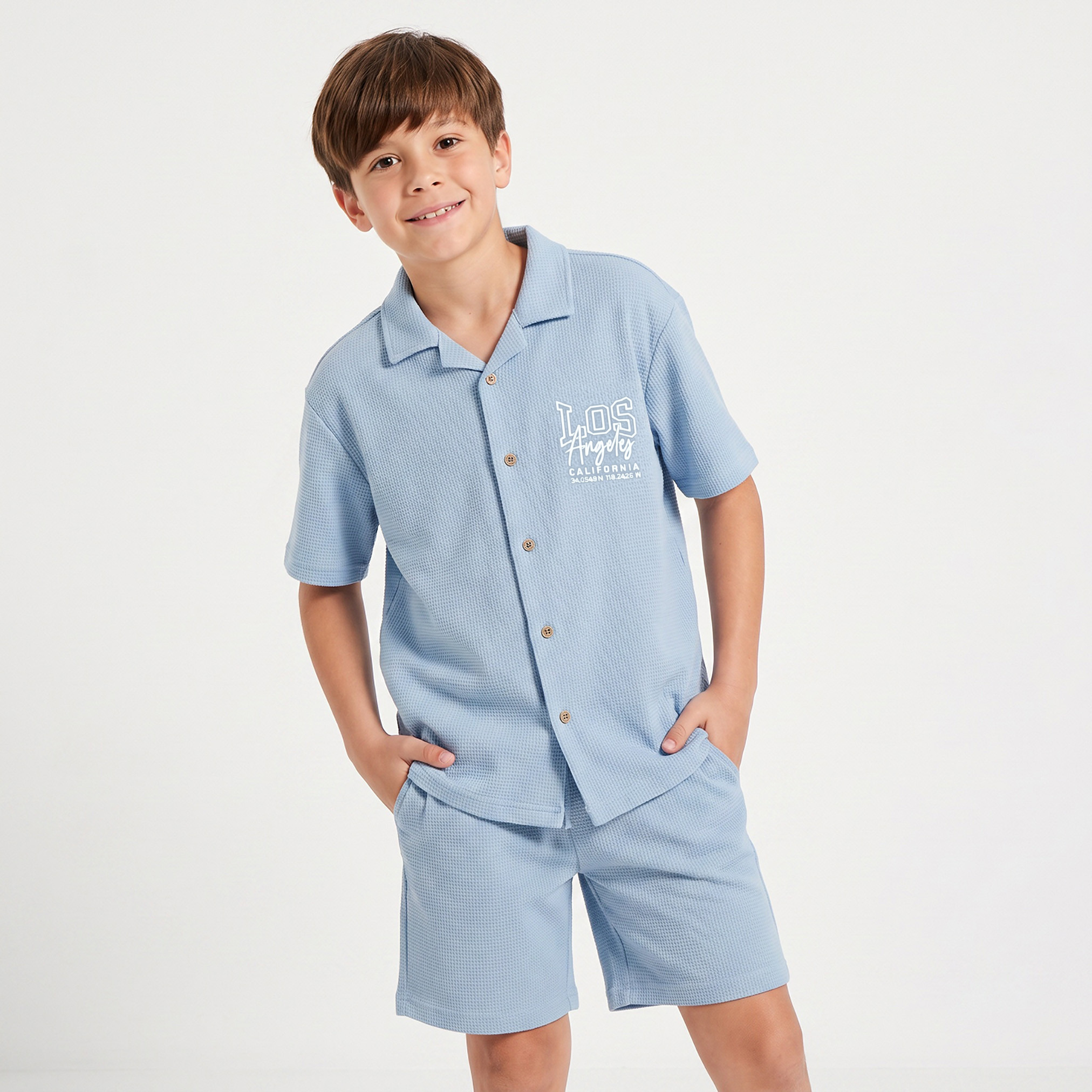 Juniors Camp Collar Short Sleeves Shirt and Shorts Set with Los Angeles Embroidery-boys-clothing-setsandcoords-image-2