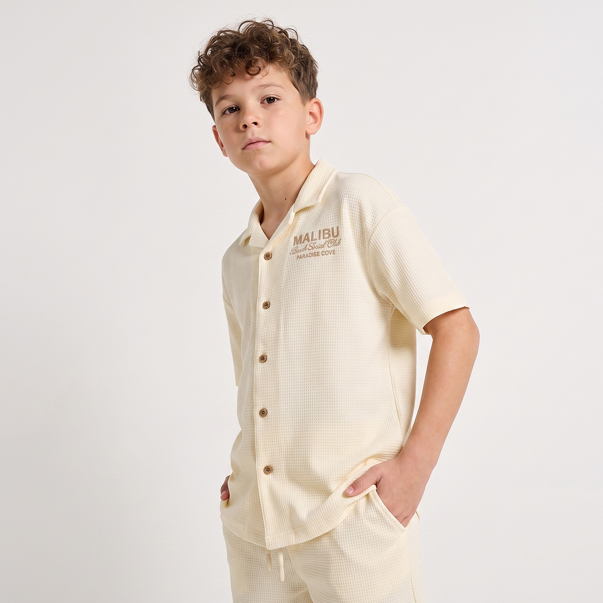 Juniors Collared Short Sleeves Shirt and Shorts Set with Texture Detail-boys-clothing-setsandcoords-image-2
