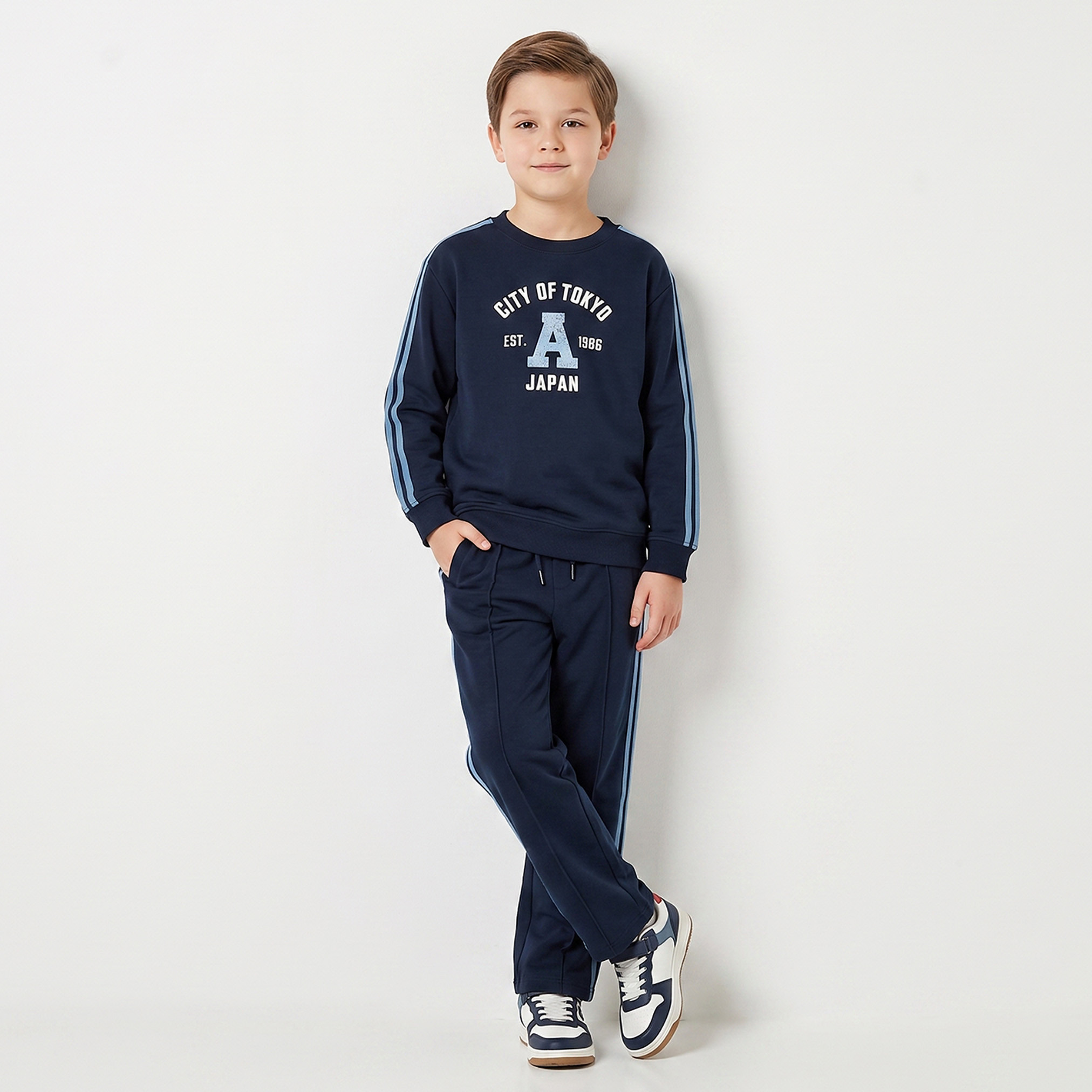 Juniors Crew Neck Long Sleeves Sweatshirt and Track Pants Set with Varsity Print-boys-clothing-setsandcoords-image-1