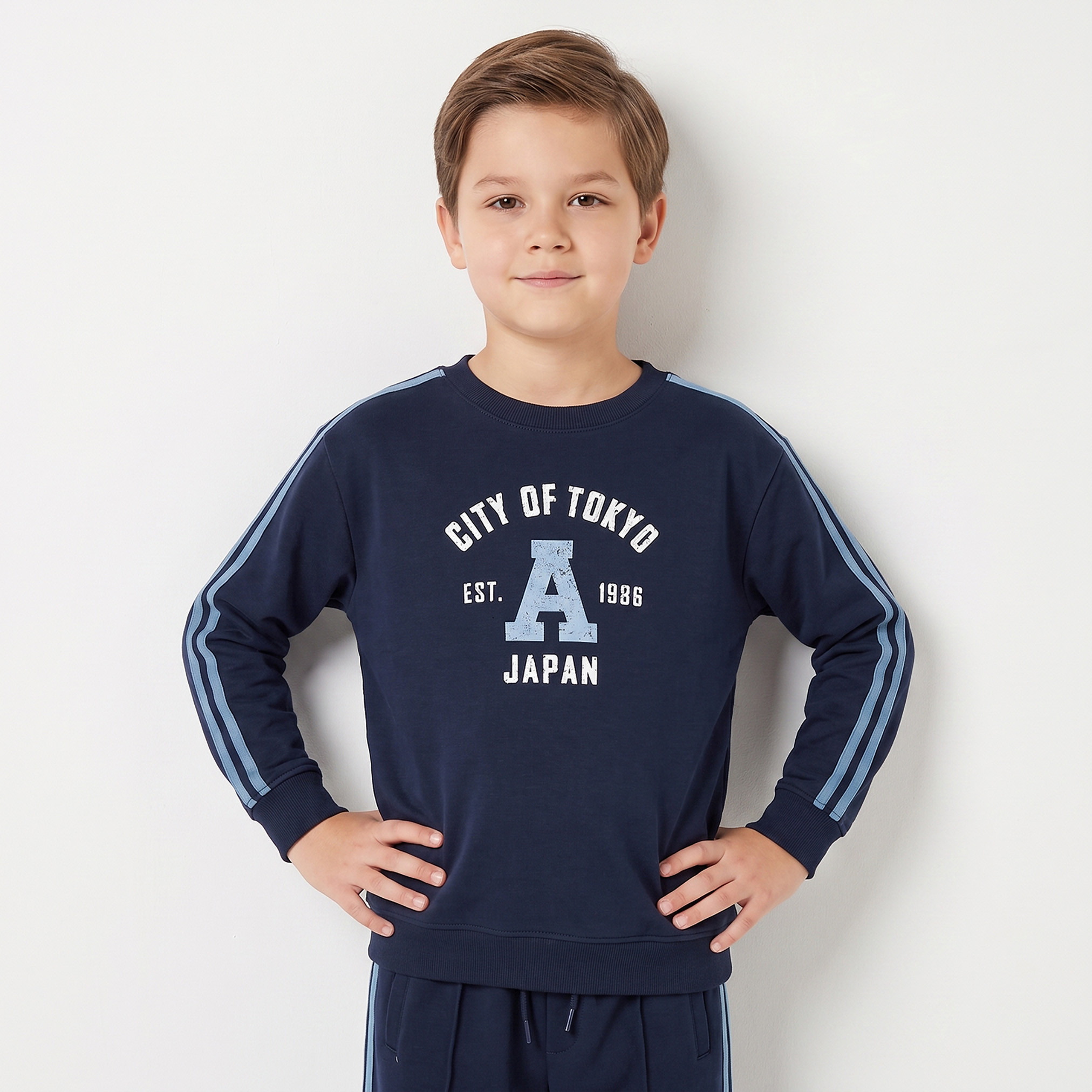 Juniors Crew Neck Long Sleeves Sweatshirt and Track Pants Set with Varsity Print-boys-clothing-setsandcoords-image-2
