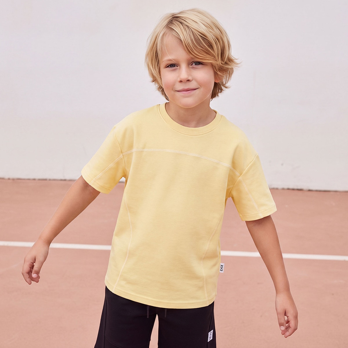 تيشيرت برقبة ضيقة وأكمام قصيرة وتصميم ألواح من إكس واي زي-boys-clothing-tshirtsandpolos-image-1