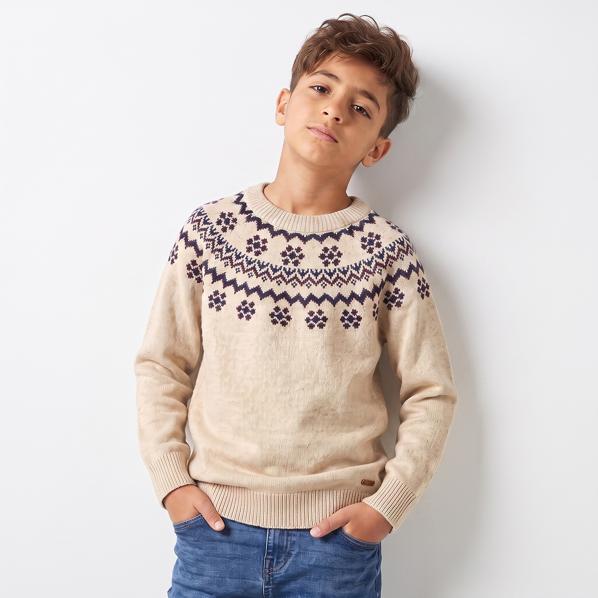 كنزة محبوكة بأكمام طويلة وبنقشة فير آيل من إليجو-boys-clothing-jumpersandcardigans-image-1