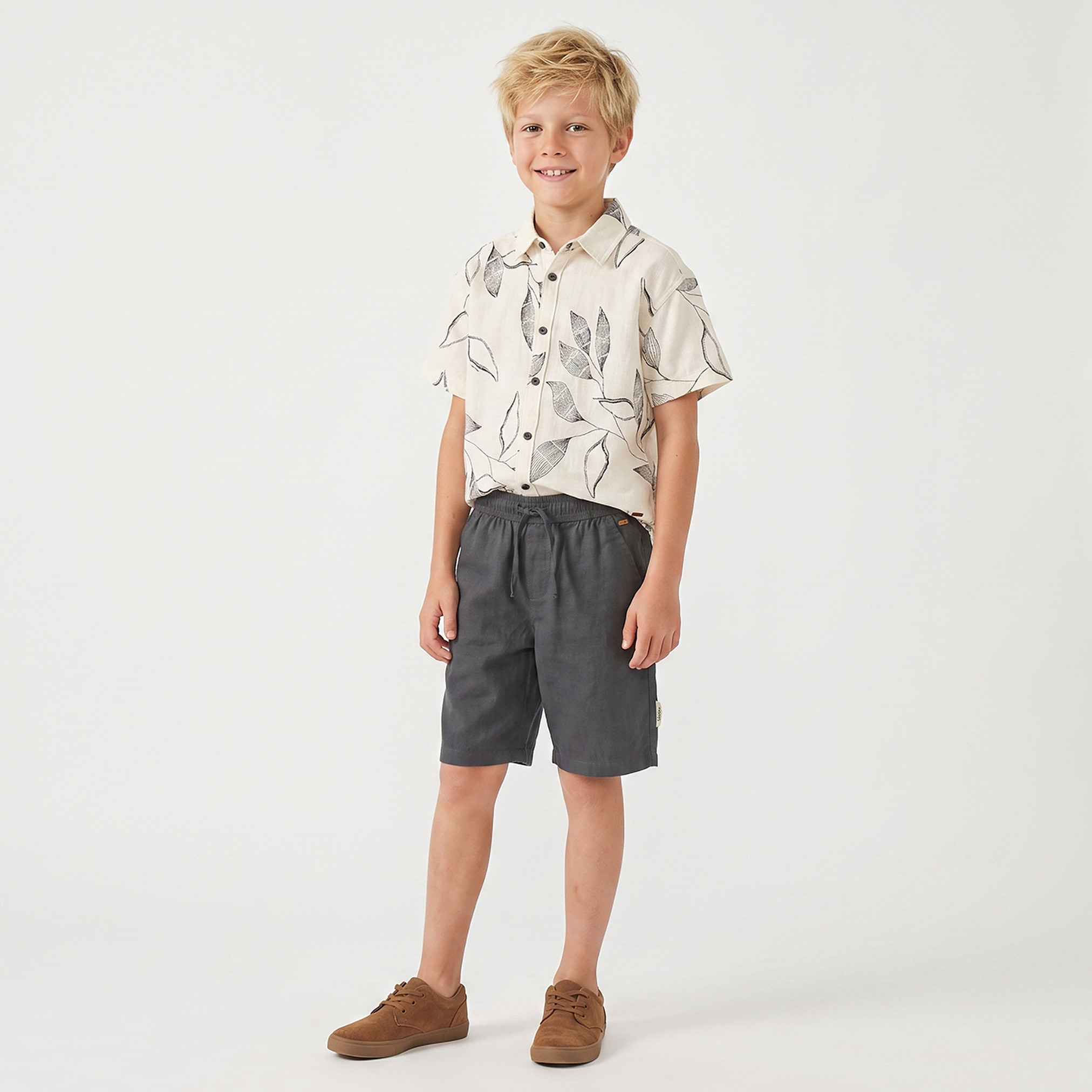 Eligo Collared Short Sleeves Shirt and Shorts Set with Botanical Embroidery-boys-clothing-setsandcoords-image-1